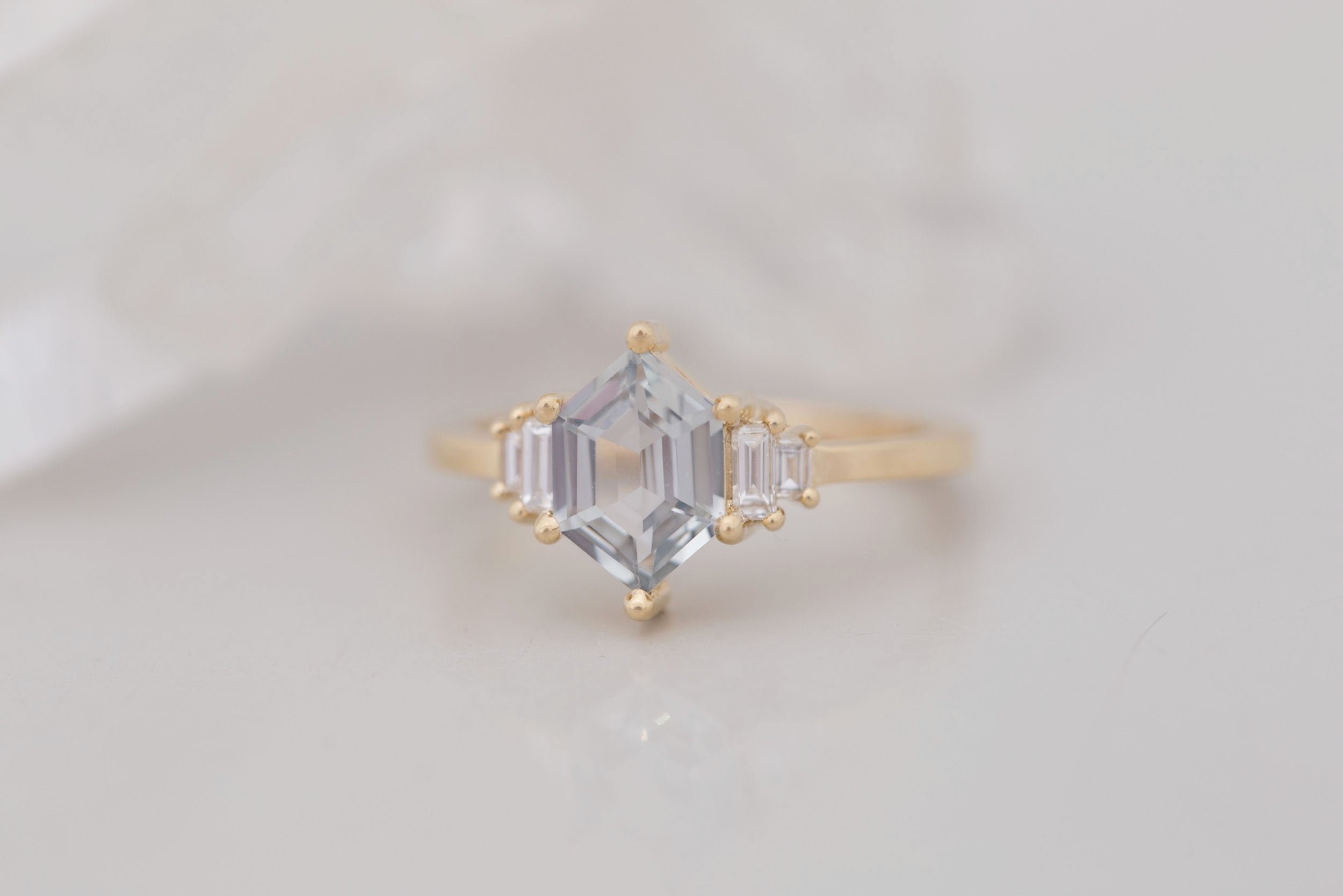 Ash Ring | Grey Hexagonal Sapphire + Diamond Baguette Engagement Ring 1.39 ct | 14k Recycled Yellow Gold | One of a Kind