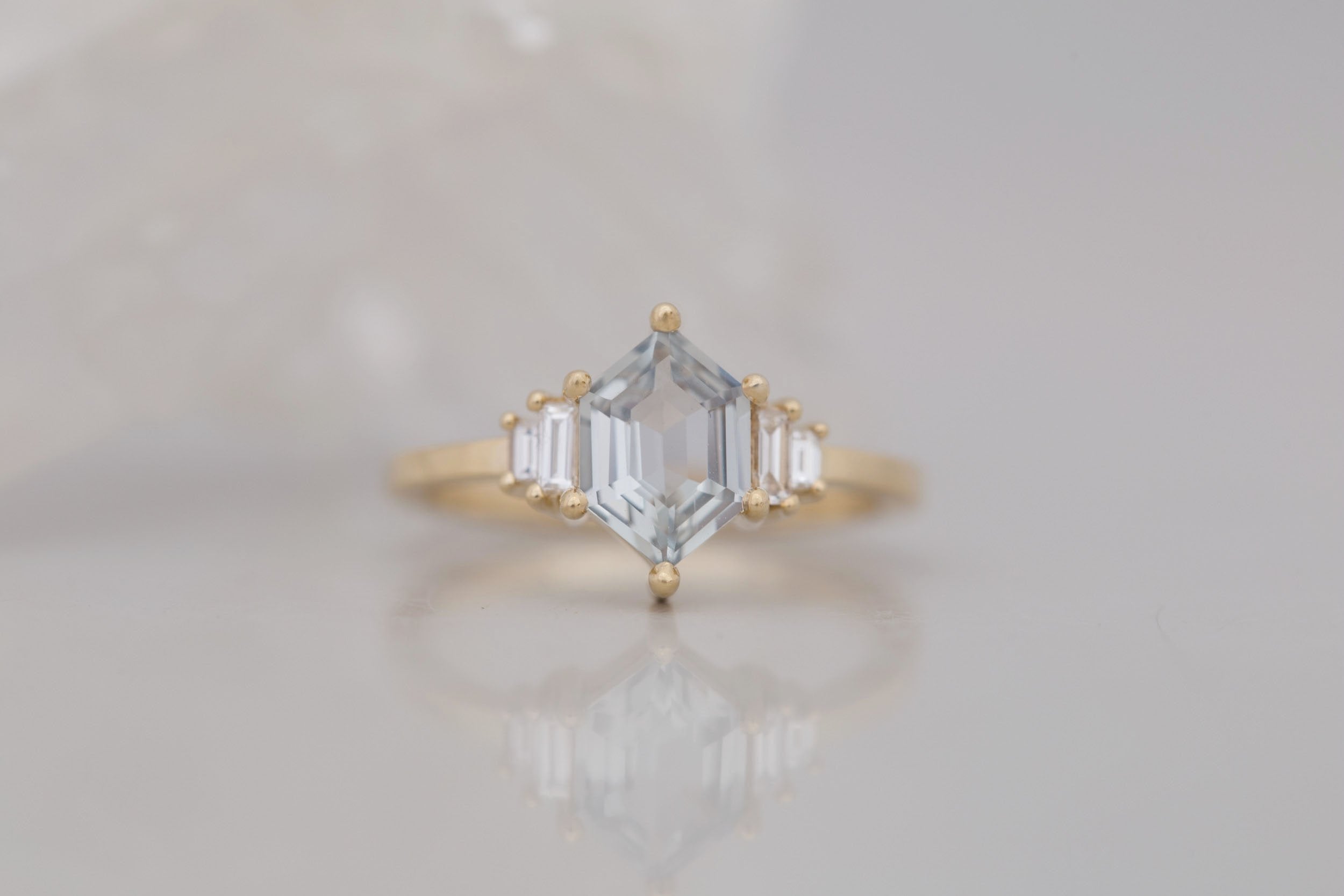 Ash Ring | Grey Hexagonal Sapphire + Diamond Baguette Engagement Ring 1.39 ct | 14k Recycled Yellow Gold | One of a Kind