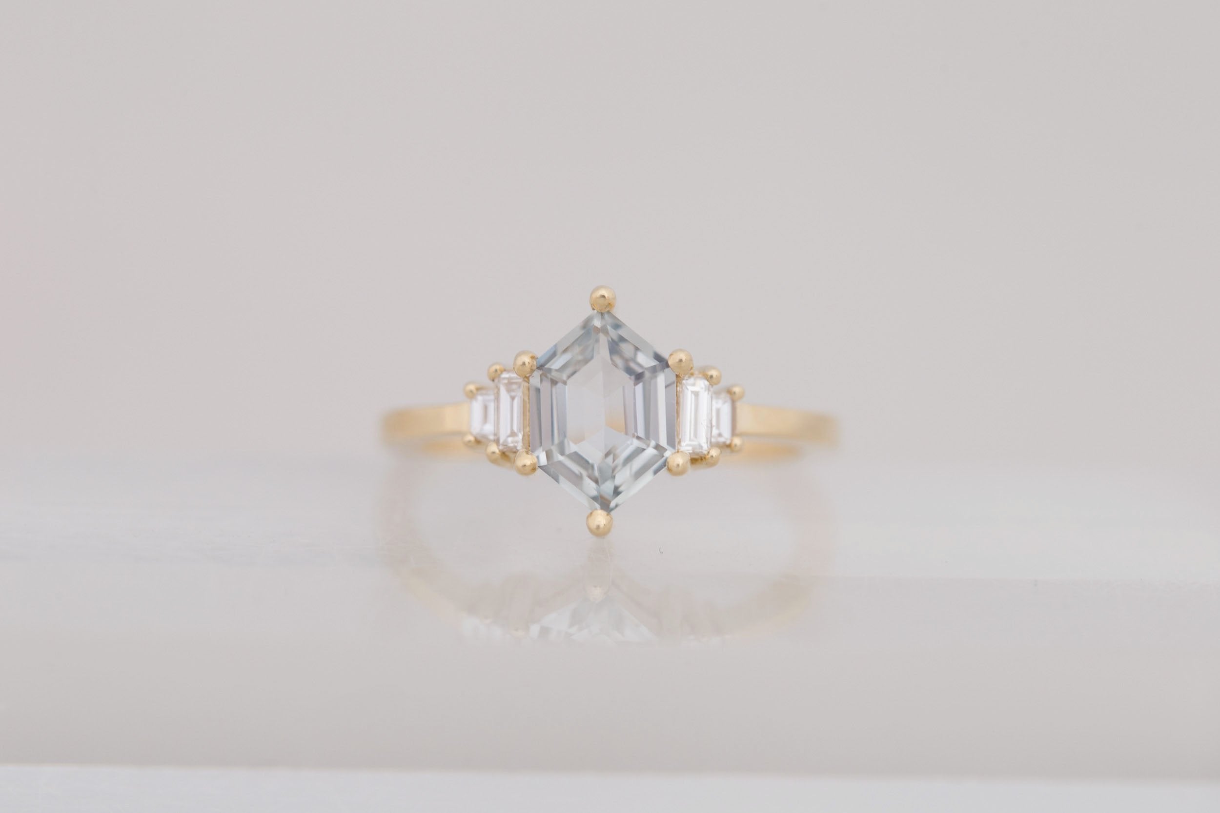 Ash Ring | Grey Hexagonal Sapphire + Diamond Baguette Engagement Ring 1.39 ct | 14k Recycled Yellow Gold | One of a Kind