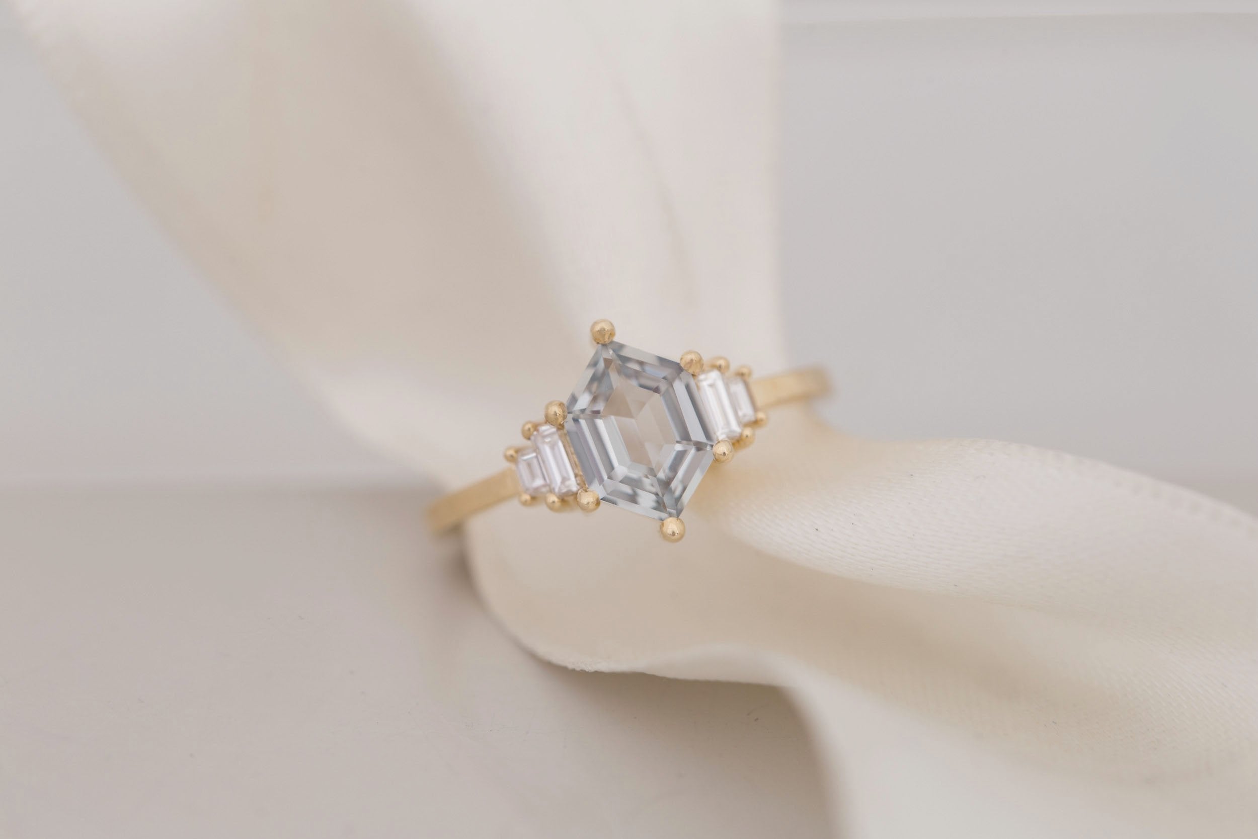 Ash Ring | Grey Hexagonal Sapphire + Diamond Baguette Engagement Ring 1.39 ct | 14k Recycled Yellow Gold | One of a Kind