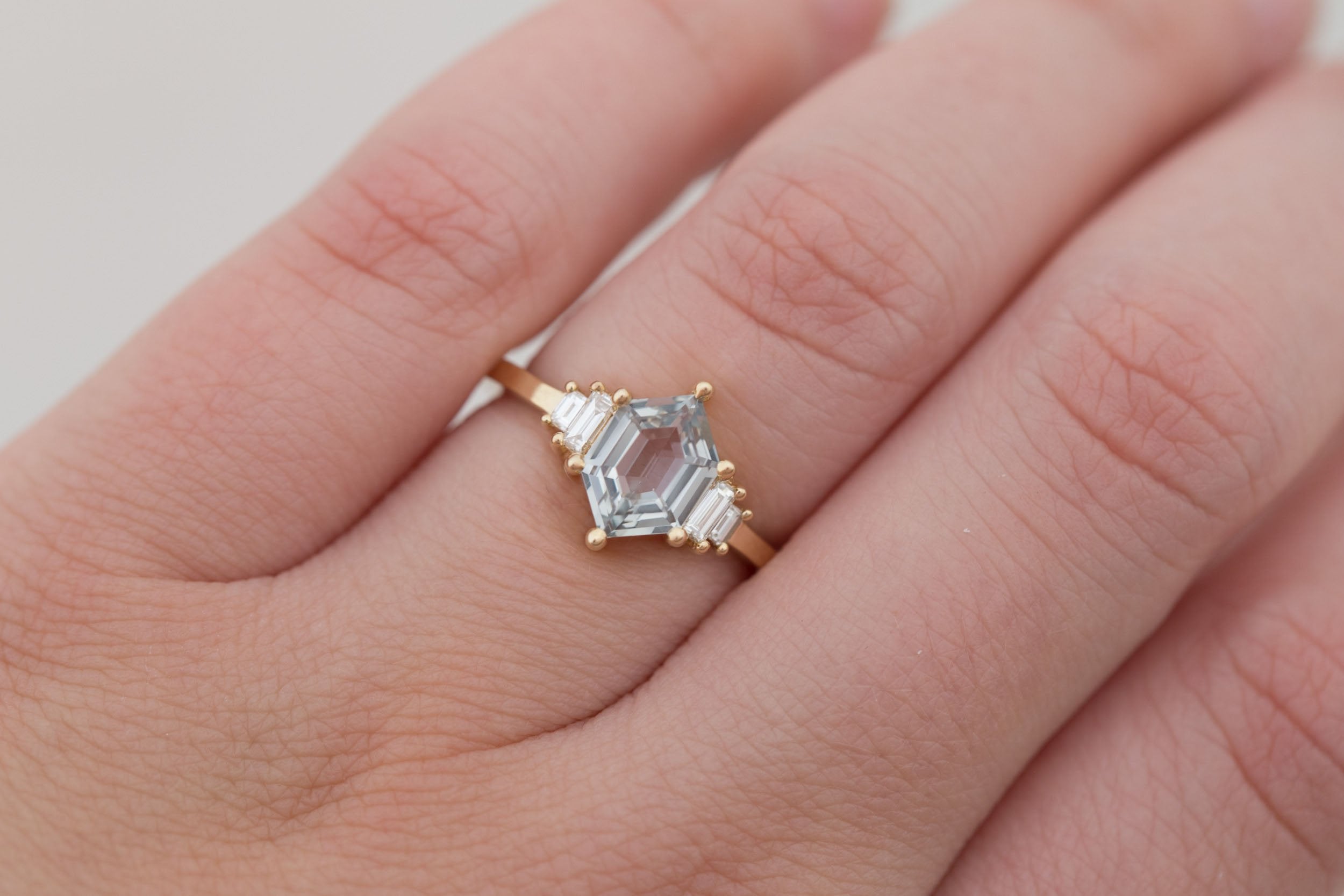 Ash Ring | Grey Hexagonal Sapphire + Diamond Baguette Engagement Ring 1.39 ct | 14k Recycled Yellow Gold | One of a Kind