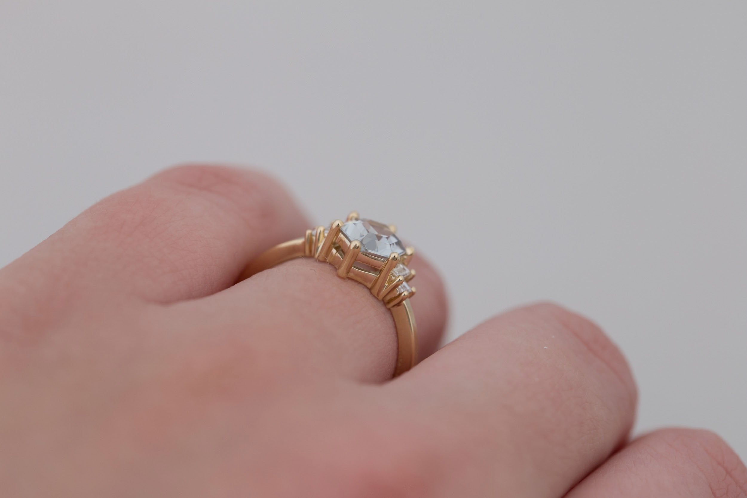 Ash Ring | Grey Hexagonal Sapphire + Diamond Baguette Engagement Ring 1.39 ct | 14k Recycled Yellow Gold | One of a Kind