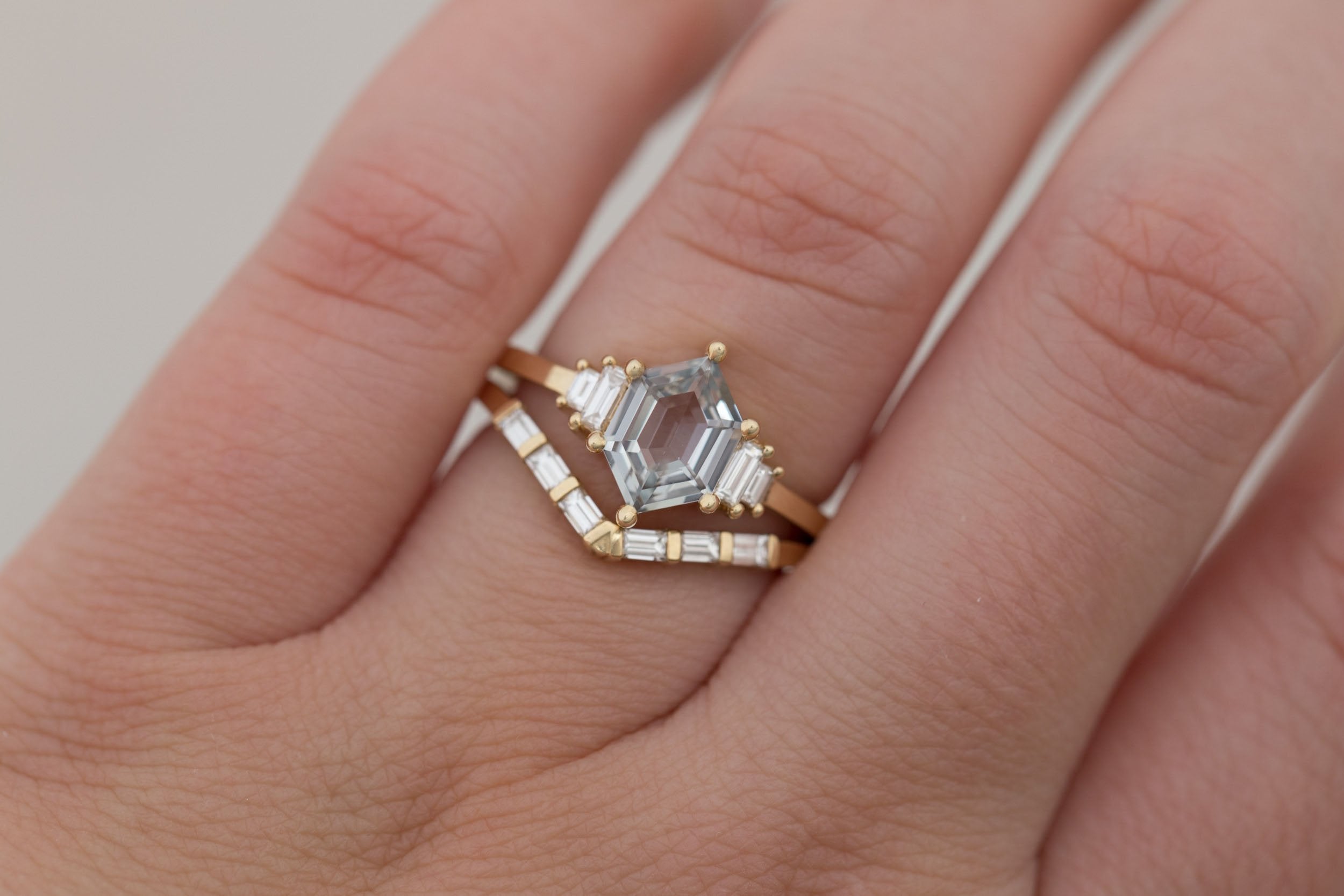 Ash Ring | Grey Hexagonal Sapphire + Diamond Baguette Engagement Ring 1.39 ct | 14k Recycled Yellow Gold | One of a Kind