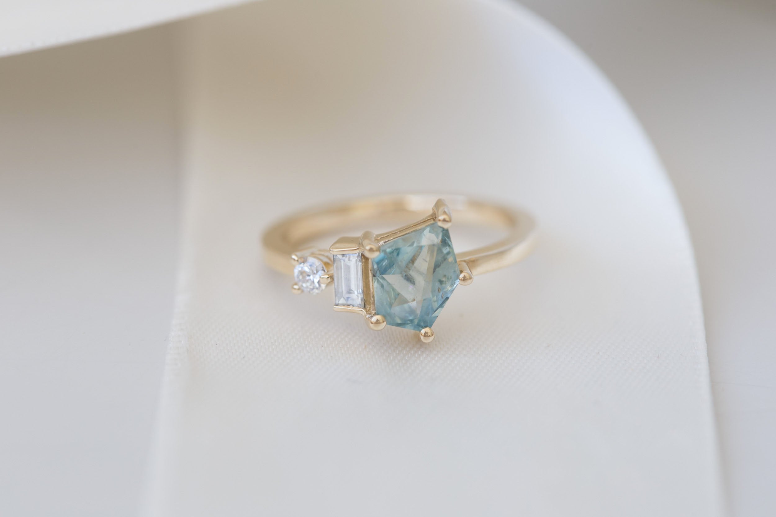 Sireli Ring | Mint Geocut Sapphire + Diamond Cluster Engagement Ring 1.39 ct | 14k Recycled Gold | One of a Kind