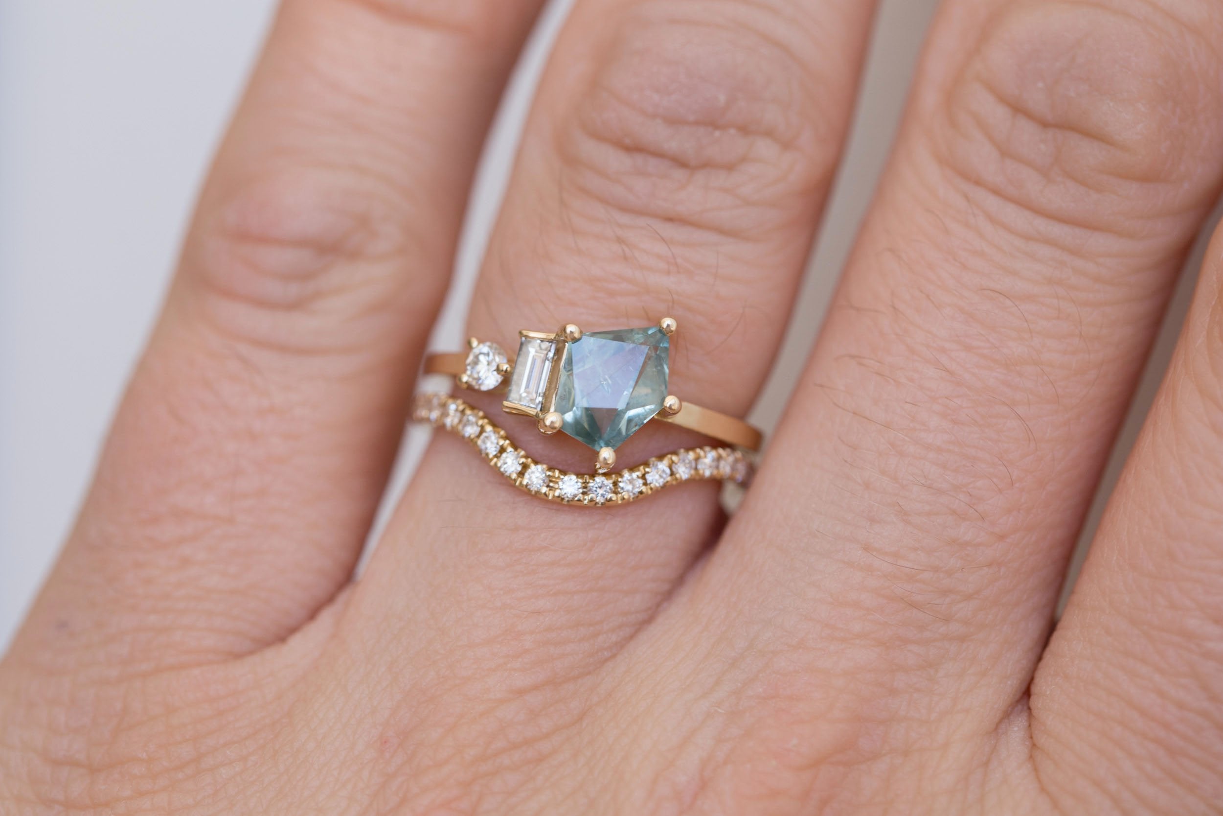 Sireli Ring | Mint Geocut Sapphire + Diamond Cluster Engagement Ring 1.39 ct | 14k Recycled Gold | One of a Kind