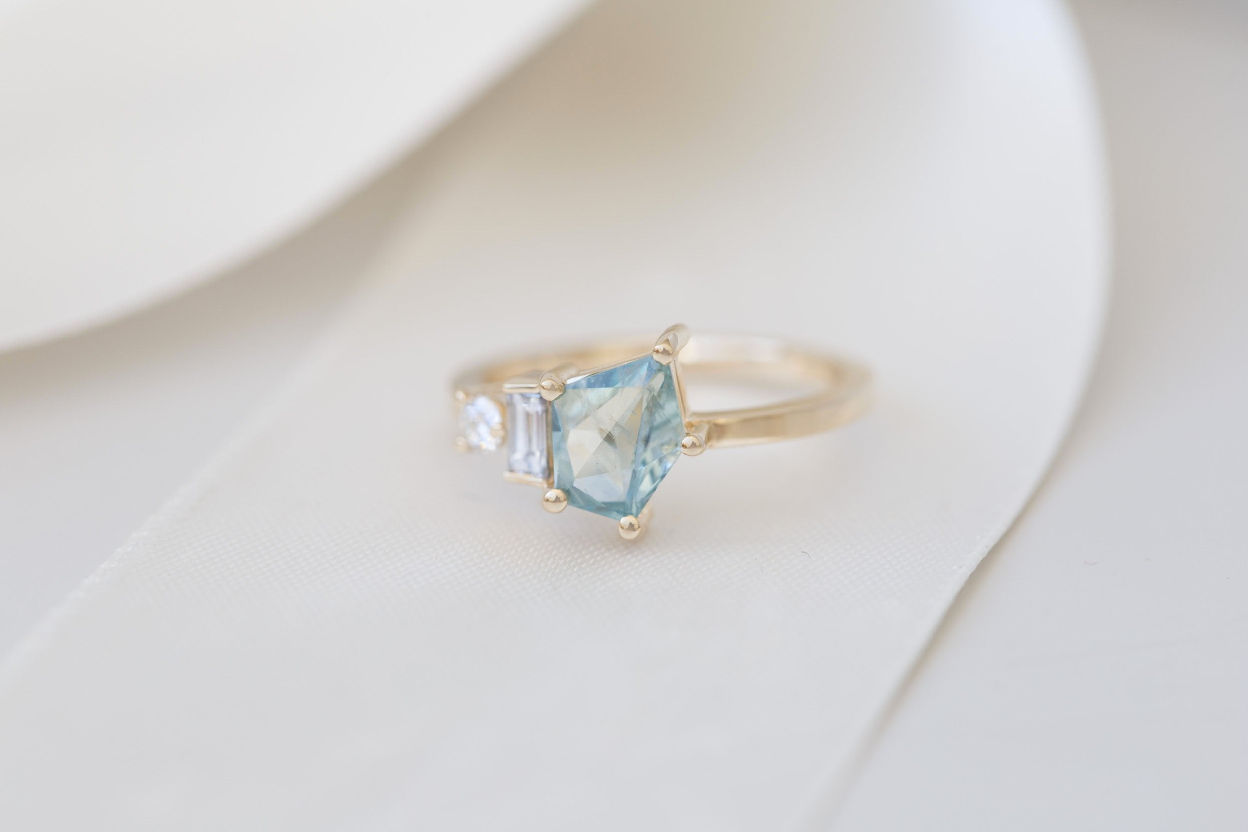 Sireli Ring | Mint Geocut Sapphire + Diamond Cluster Engagement Ring 1.39 ct | 14k Recycled Gold | One of a Kind
