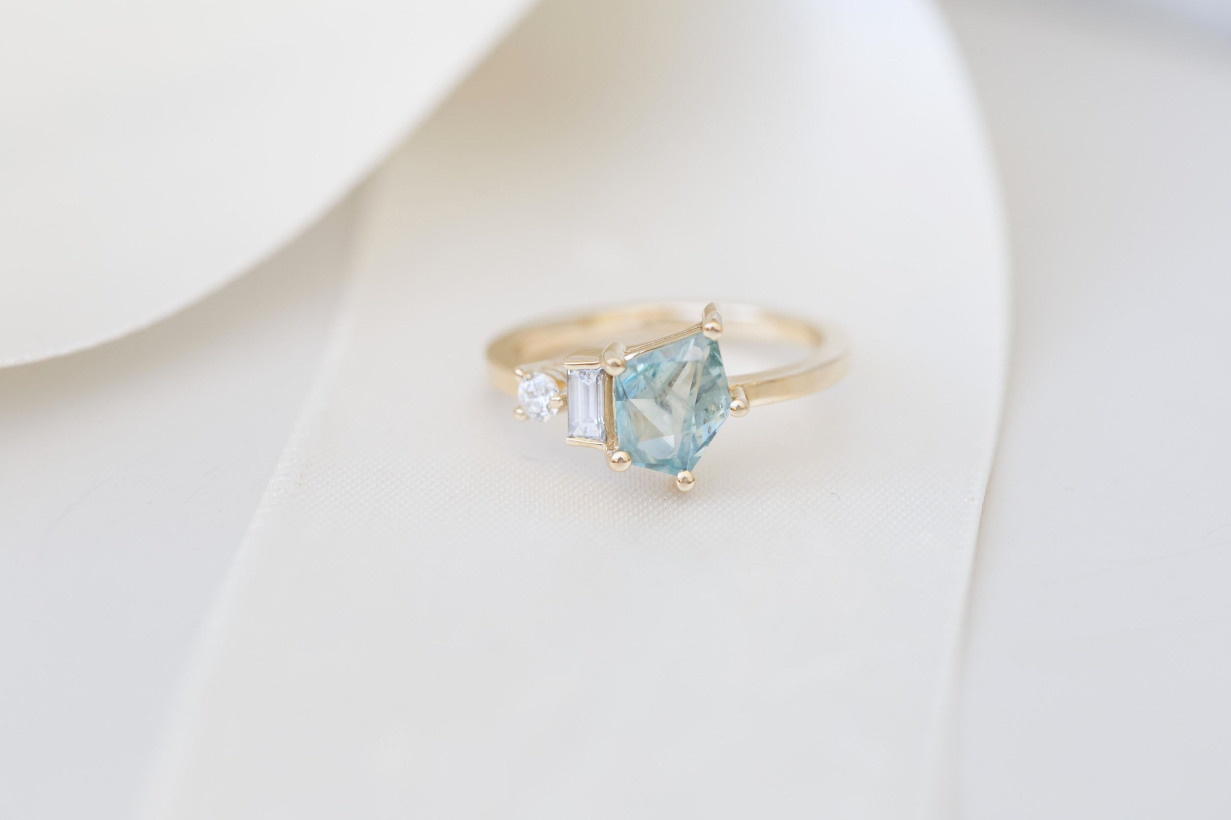 Sireli Ring | Mint Geocut Sapphire + Diamond Cluster Engagement Ring 1.39 ct | 14k Recycled Gold | One of a Kind