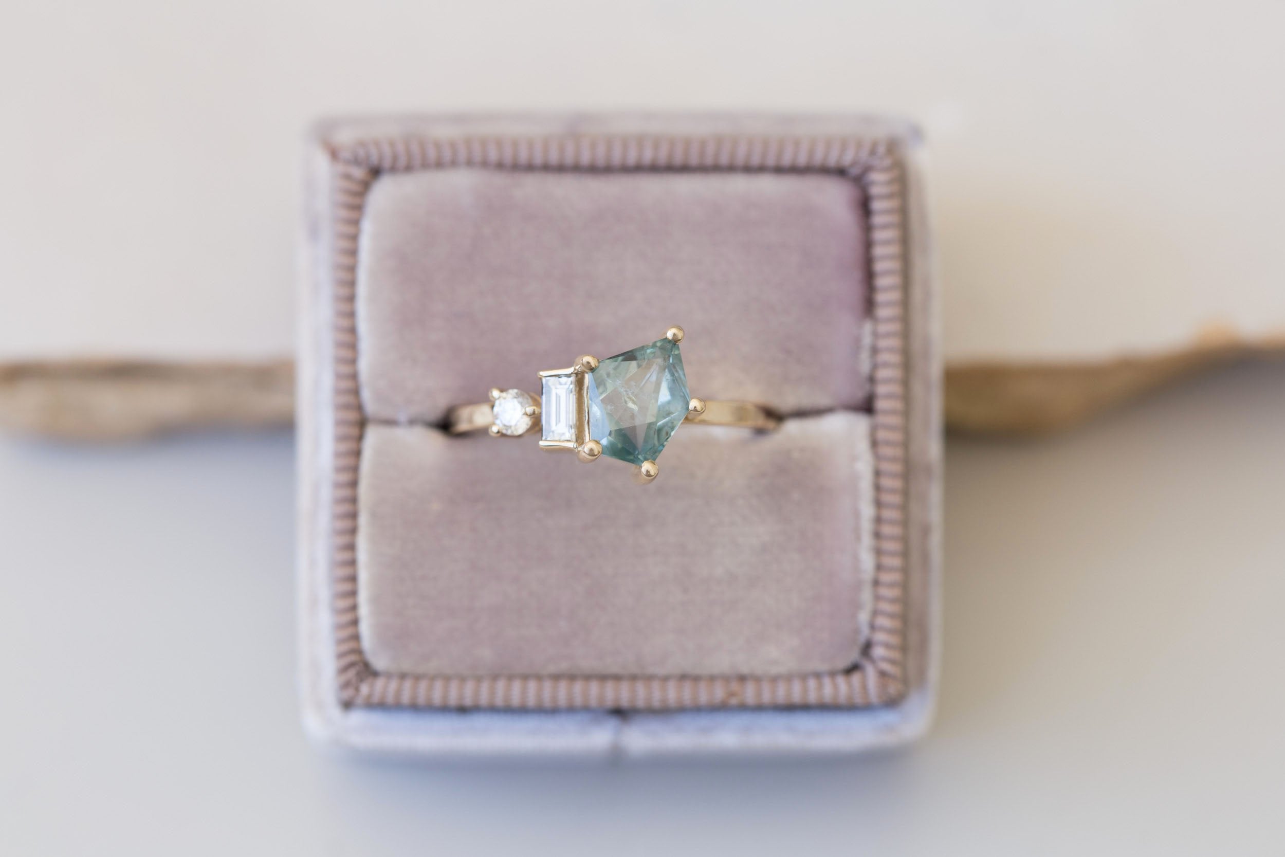 Sireli Ring | Mint Geocut Sapphire + Diamond Cluster Engagement Ring 1.39 ct | 14k Recycled Gold | One of a Kind