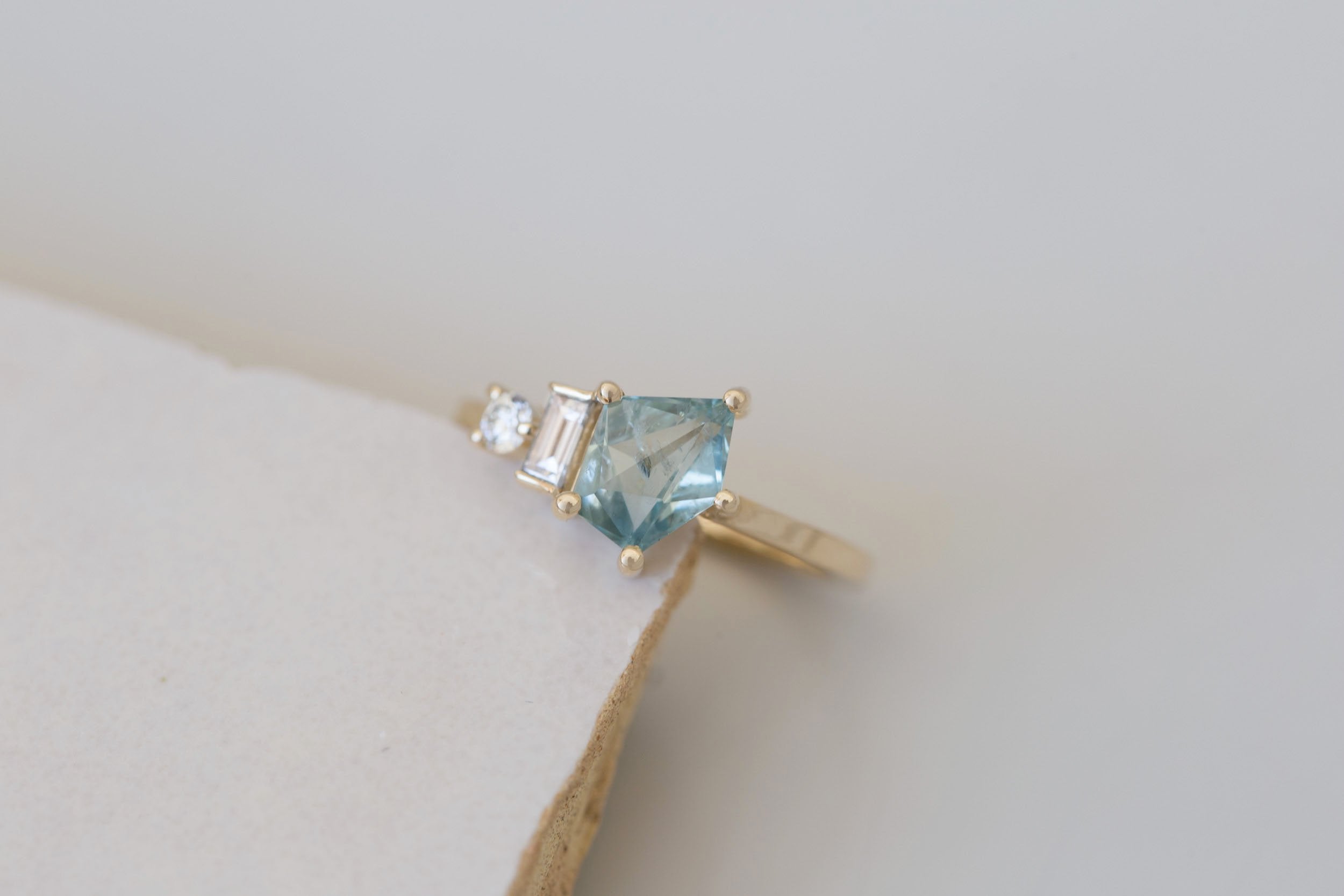 Sireli Ring | Mint Geocut Sapphire + Diamond Cluster Engagement Ring 1.39 ct | 14k Recycled Gold | One of a Kind