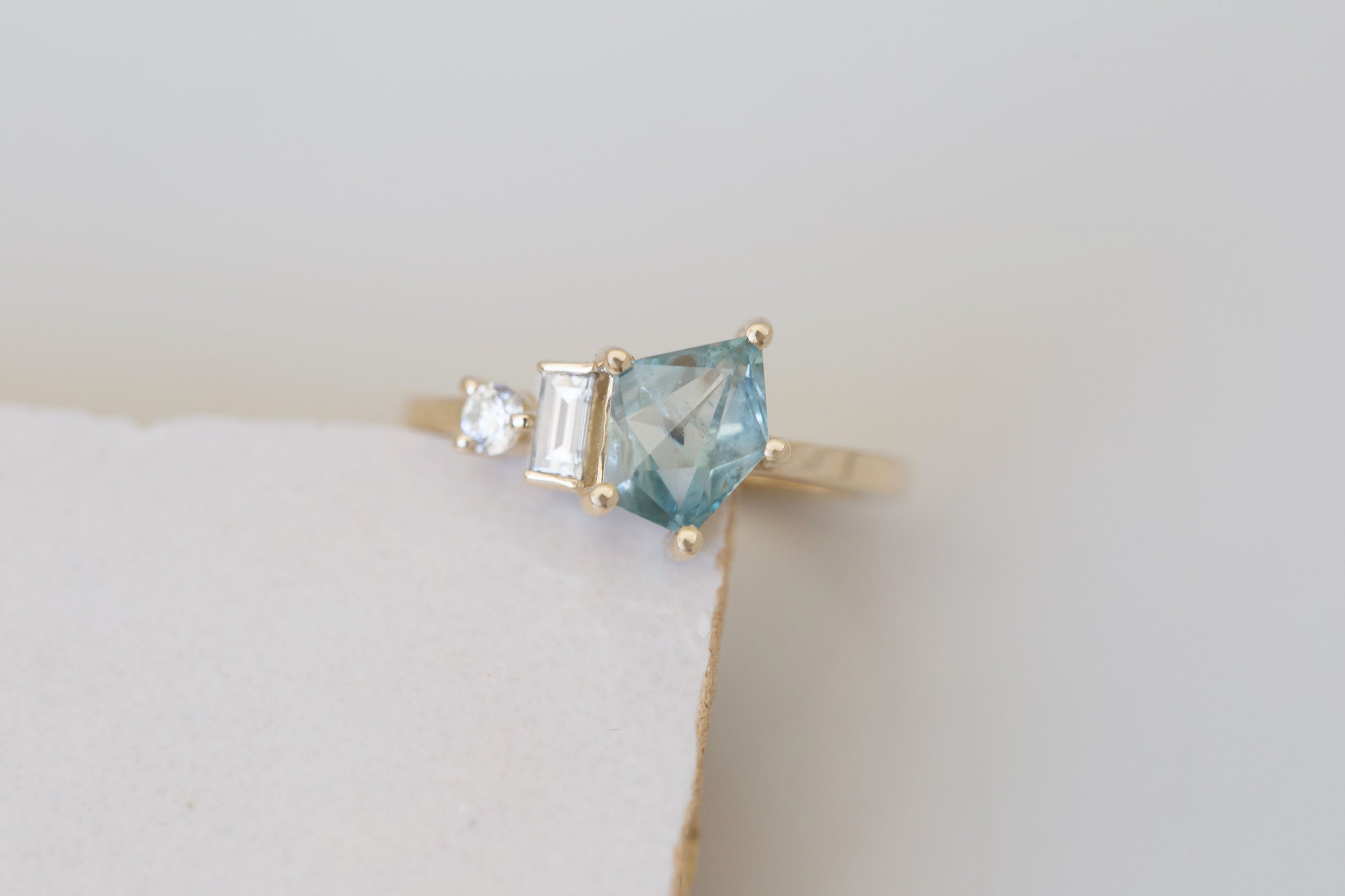 Sireli Ring | Mint Geocut Sapphire + Diamond Cluster Engagement Ring 1.39 ct | 14k Recycled Gold | One of a Kind