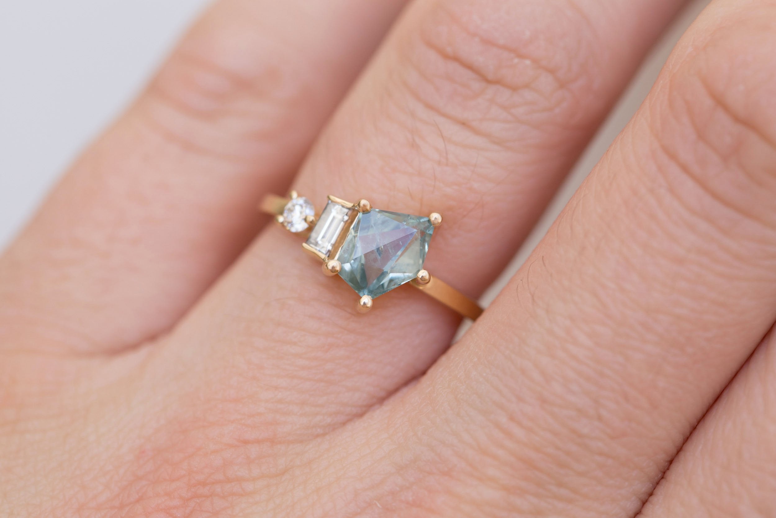 Sireli Ring | Mint Geocut Sapphire + Diamond Cluster Engagement Ring 1.39 ct | 14k Recycled Gold | One of a Kind