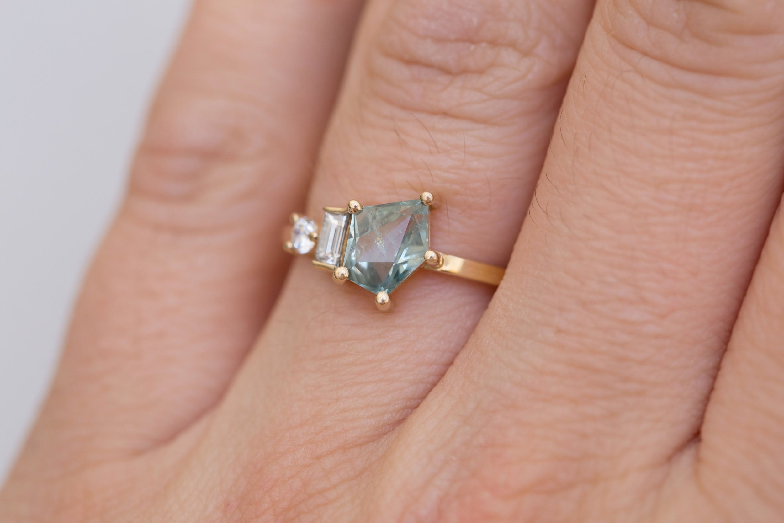 Sireli Ring | Mint Geocut Sapphire + Diamond Cluster Engagement Ring 1.39 ct | 14k Recycled Gold | One of a Kind