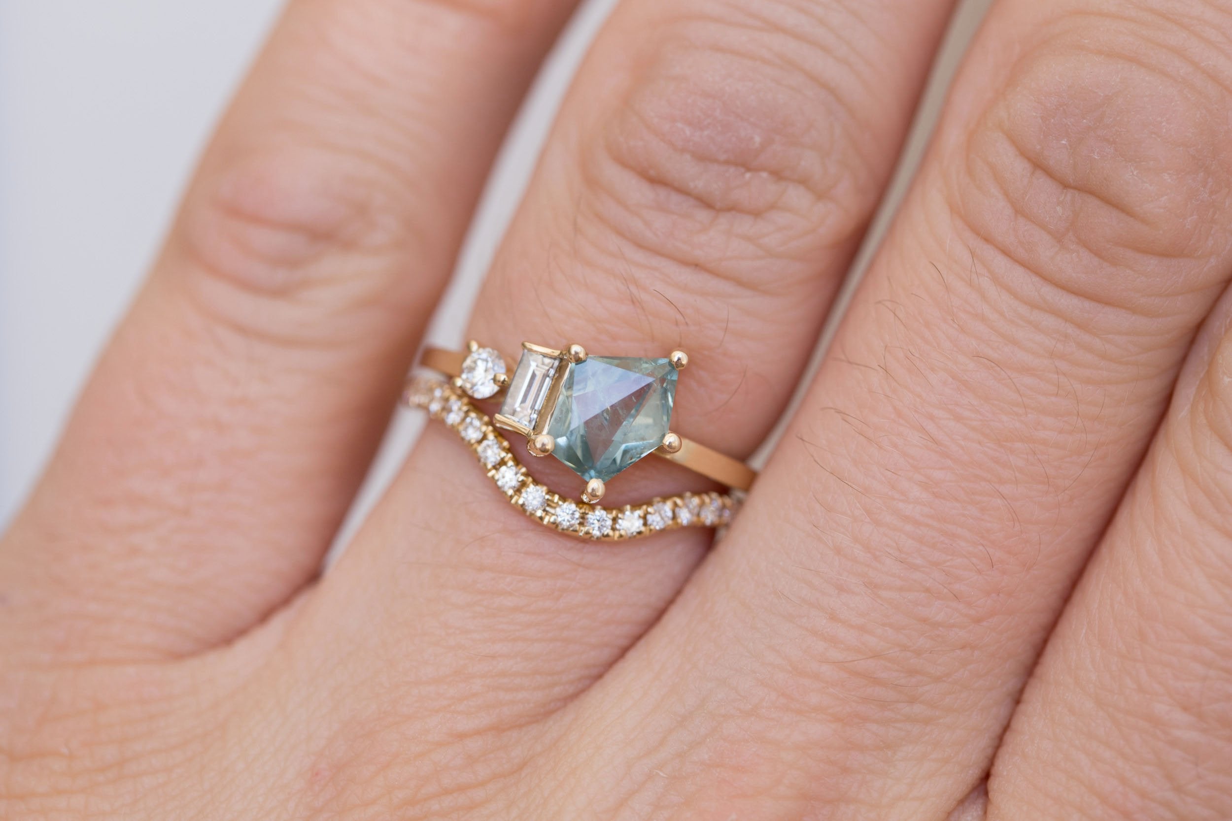 Sireli Ring | Mint Geocut Sapphire + Diamond Cluster Engagement Ring 1.39 ct | 14k Recycled Gold | One of a Kind
