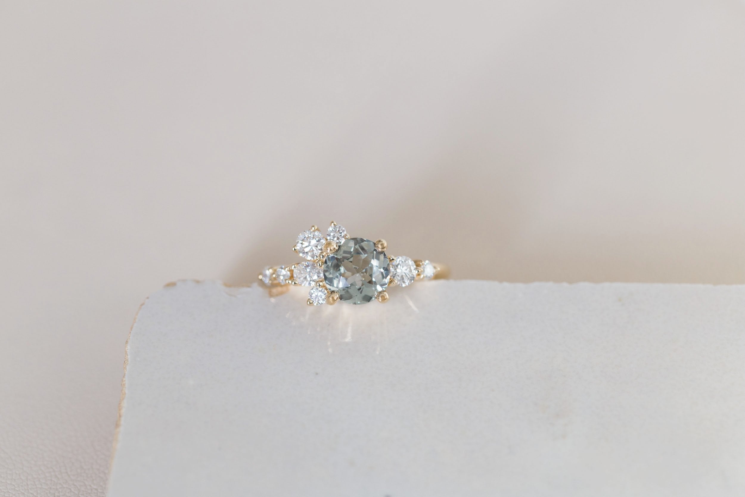 Ilia Ring | Round Mint Sapphire + Diamond Cluster Engagement Ring 1.39 ct | 14k Recycled Gold | One of a Kind