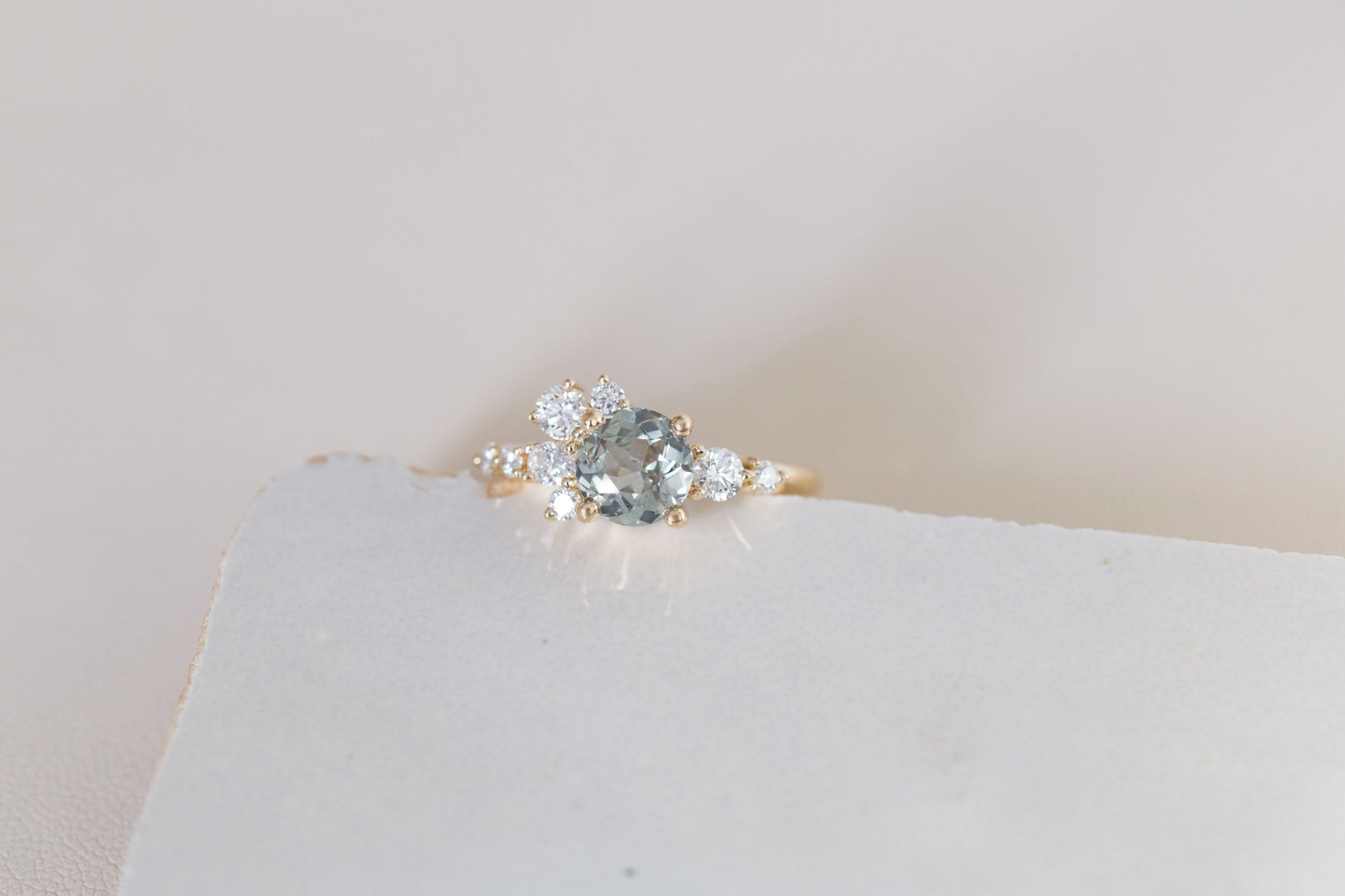 Ilia Ring | Round Mint Sapphire + Diamond Cluster Engagement Ring 1.39 ct | 14k Recycled Gold | One of a Kind