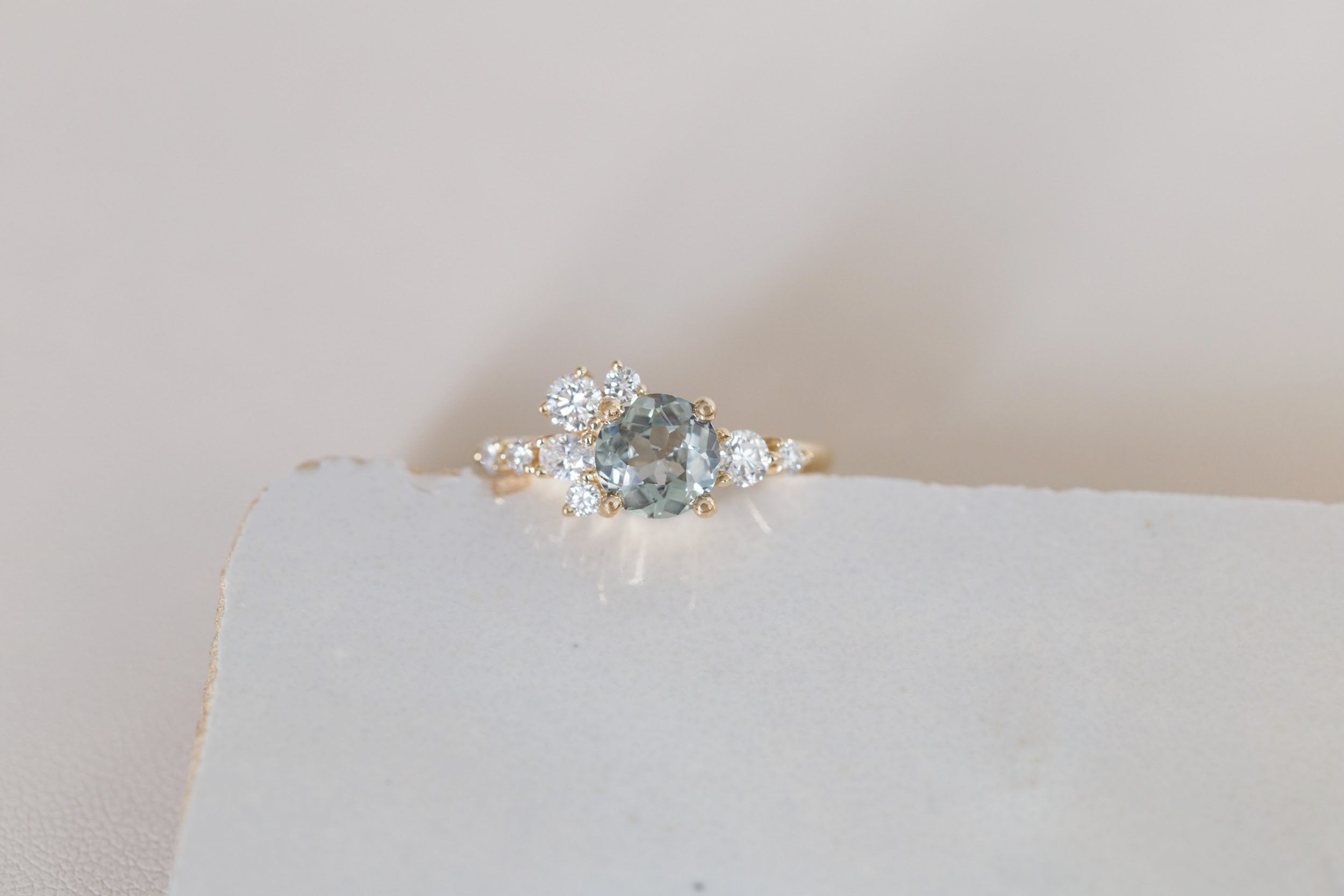Ilia Ring | Round Mint Sapphire + Diamond Cluster Engagement Ring 1.39 ct | 14k Recycled Gold | One of a Kind
