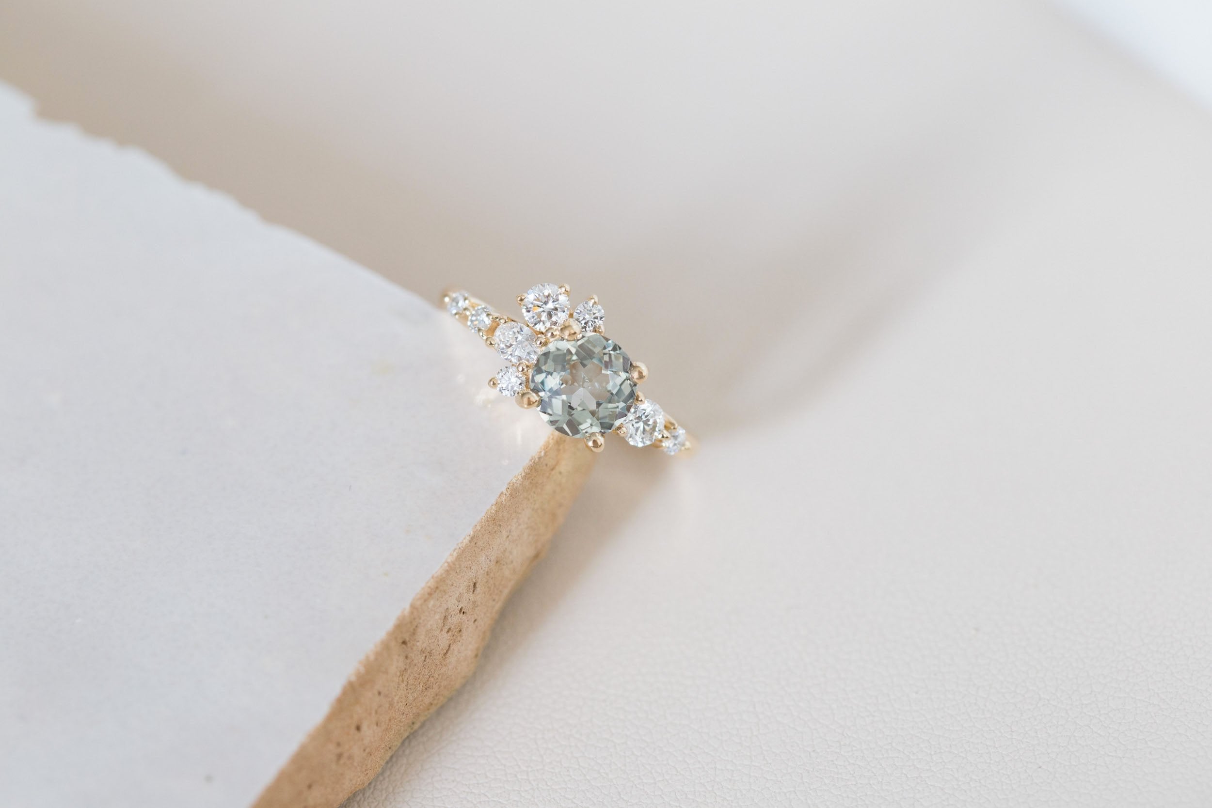 Ilia Ring | Round Mint Sapphire + Diamond Cluster Engagement Ring 1.39 ct | 14k Recycled Gold | One of a Kind