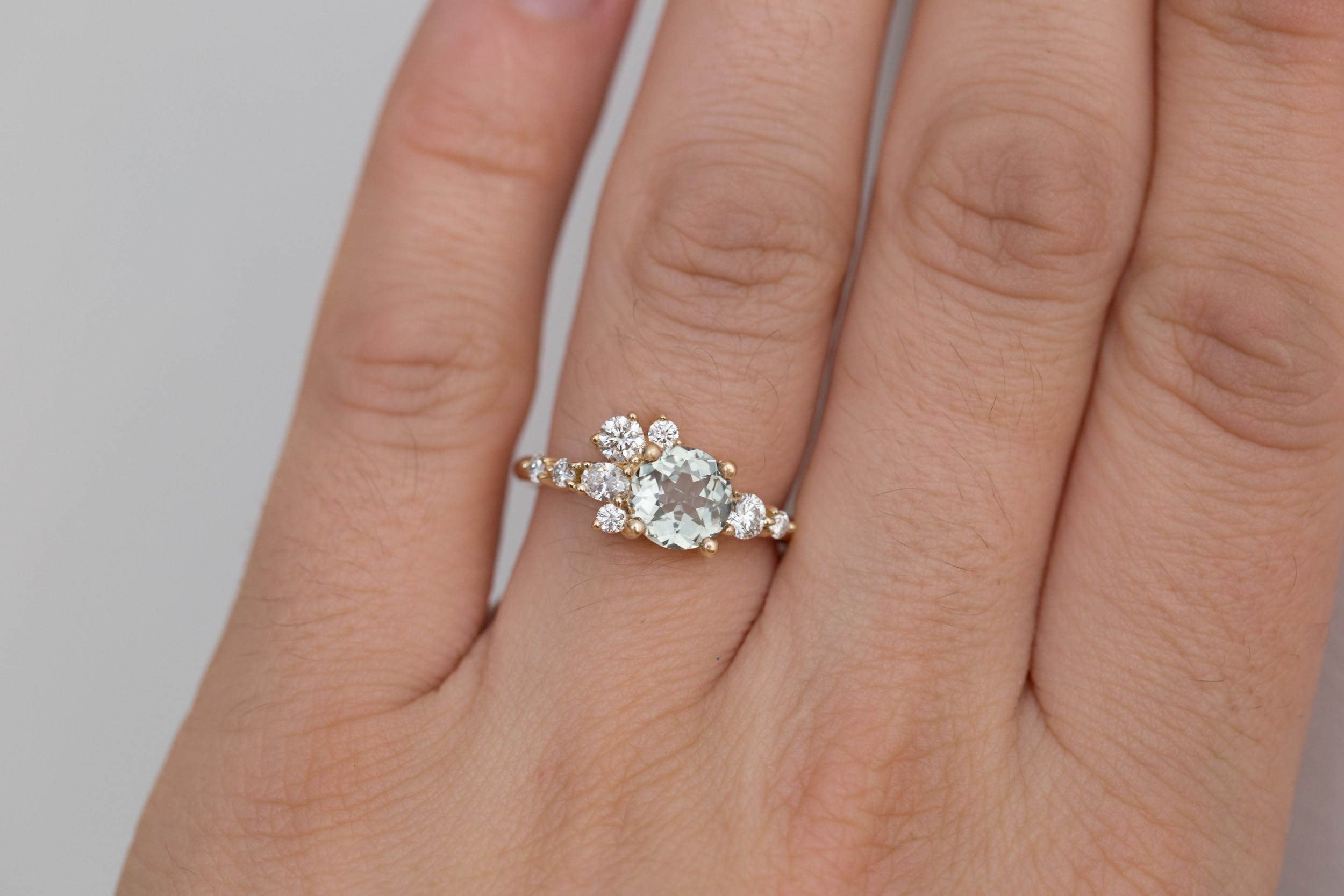 Ilia Ring | Round Mint Sapphire + Diamond Cluster Engagement Ring 1.39 ct | 14k Recycled Gold | One of a Kind