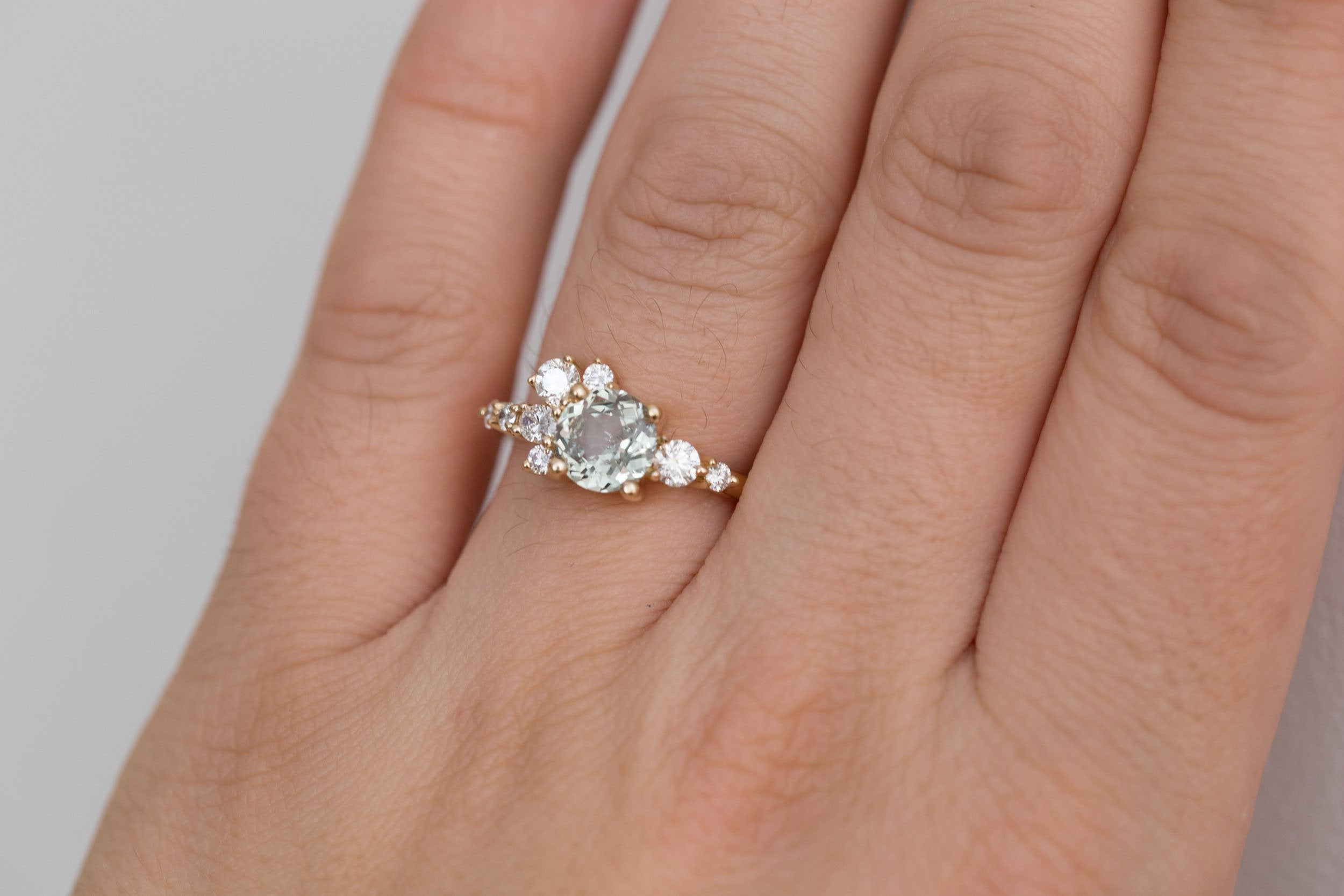 Ilia Ring | Round Mint Sapphire + Diamond Cluster Engagement Ring 1.39 ct | 14k Recycled Gold | One of a Kind