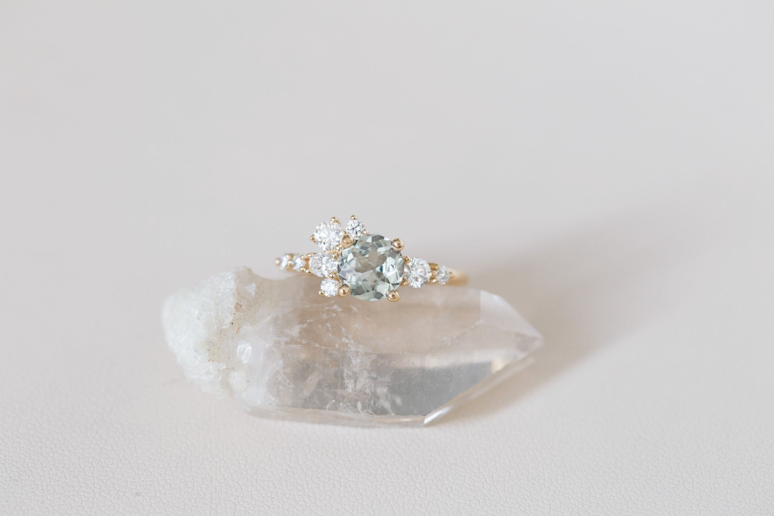 Ilia Ring | Round Mint Sapphire + Diamond Cluster Engagement Ring 1.39 ct | 14k Recycled Gold | One of a Kind