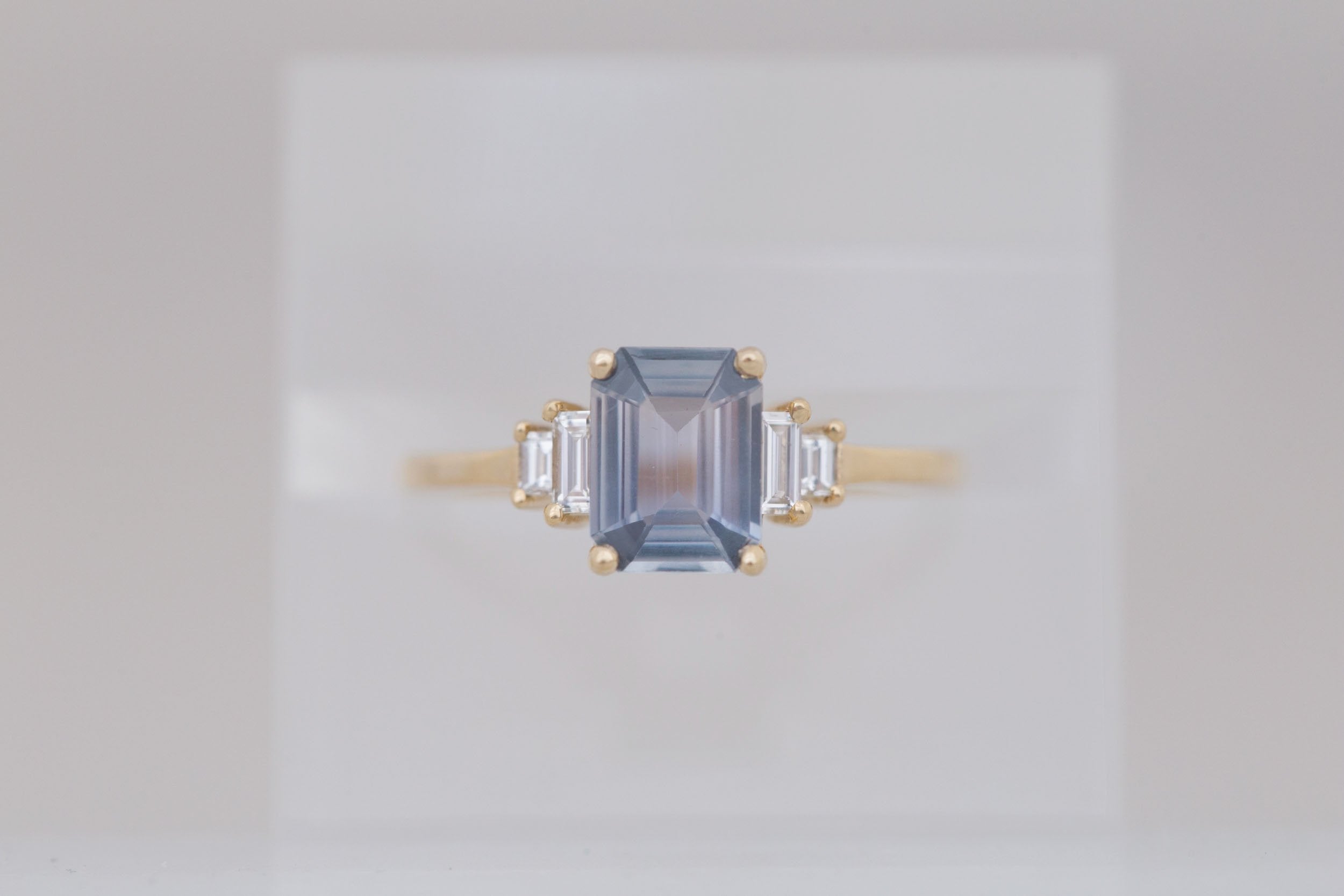 Ash Ring | Lavender Grey Emerald Cut Sapphire + Diamond Baguette Engagement Ring 1.39 ct | 14k Recycled Gold | One of a Kind