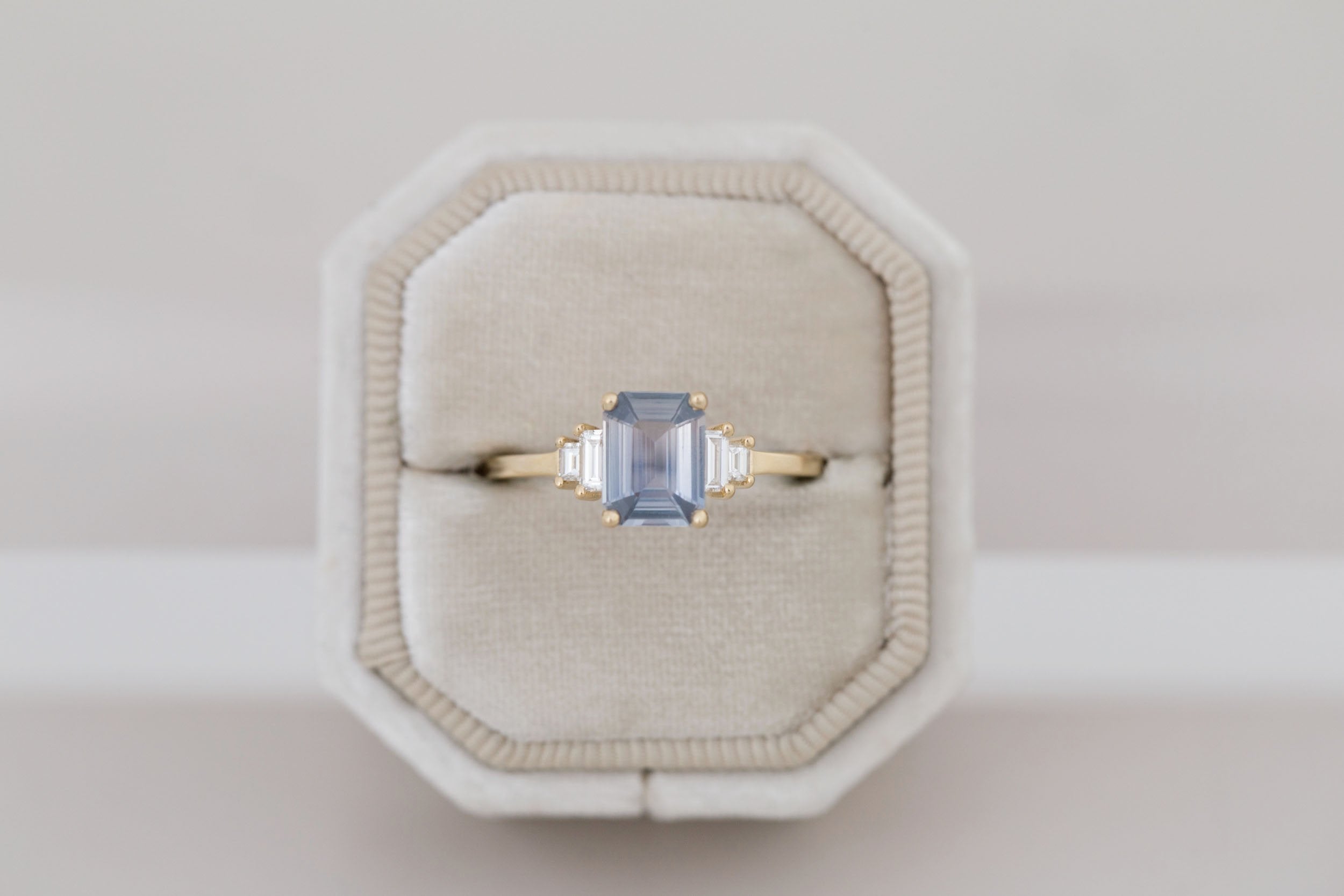 Ash Ring | Lavender Grey Emerald Cut Sapphire + Diamond Baguette Engagement Ring 1.39 ct | 14k Recycled Gold | One of a Kind