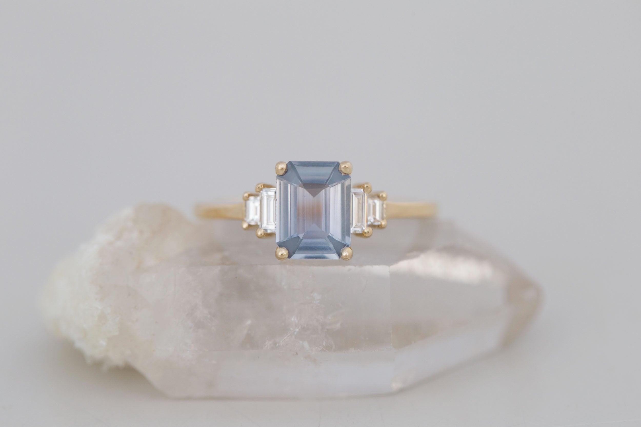 Ash Ring | Lavender Grey Emerald Cut Sapphire + Diamond Baguette Engagement Ring 1.39 ct | 14k Recycled Gold | One of a Kind
