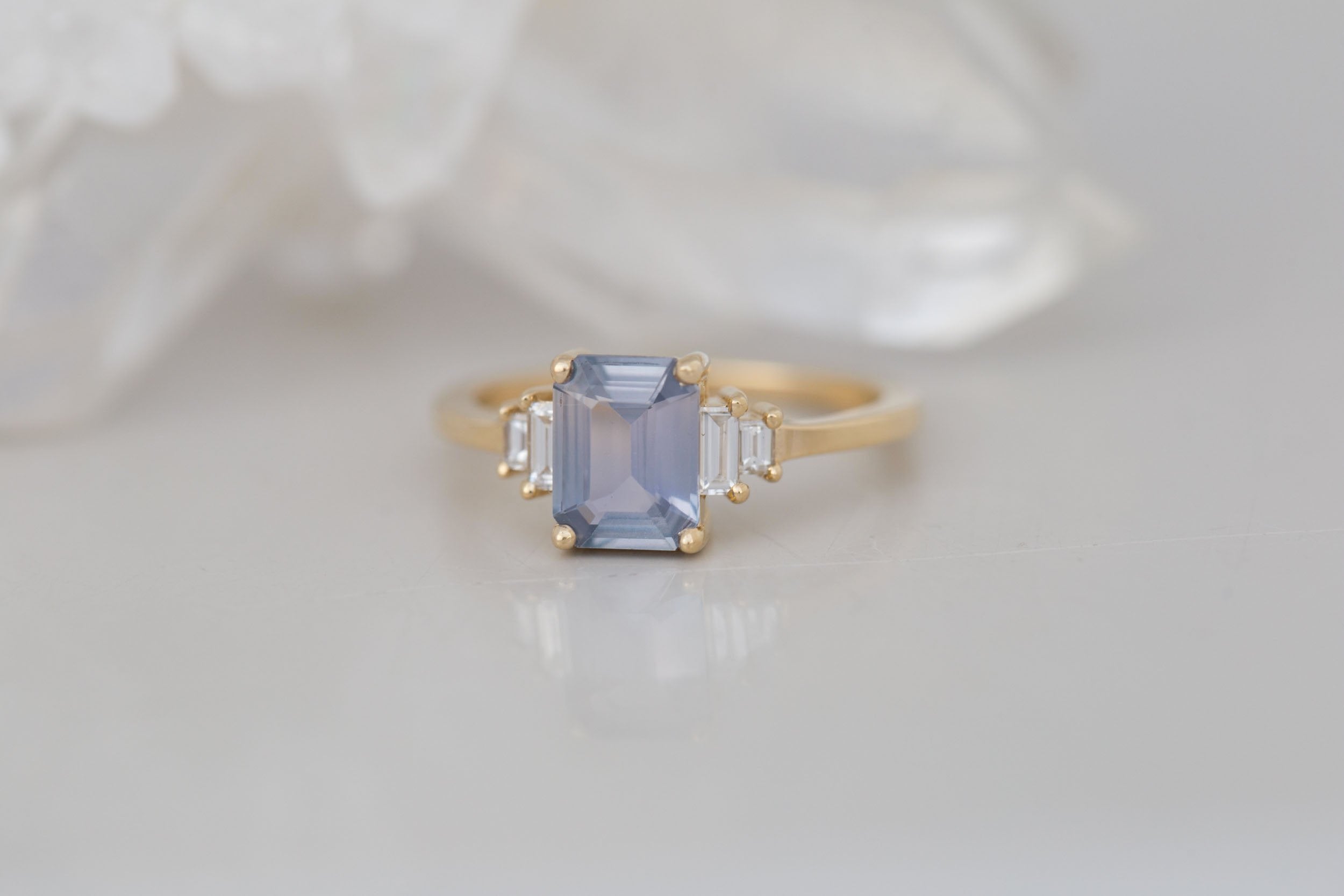 Ash Ring | Lavender Grey Emerald Cut Sapphire + Diamond Baguette Engagement Ring 1.39 ct | 14k Recycled Gold | One of a Kind