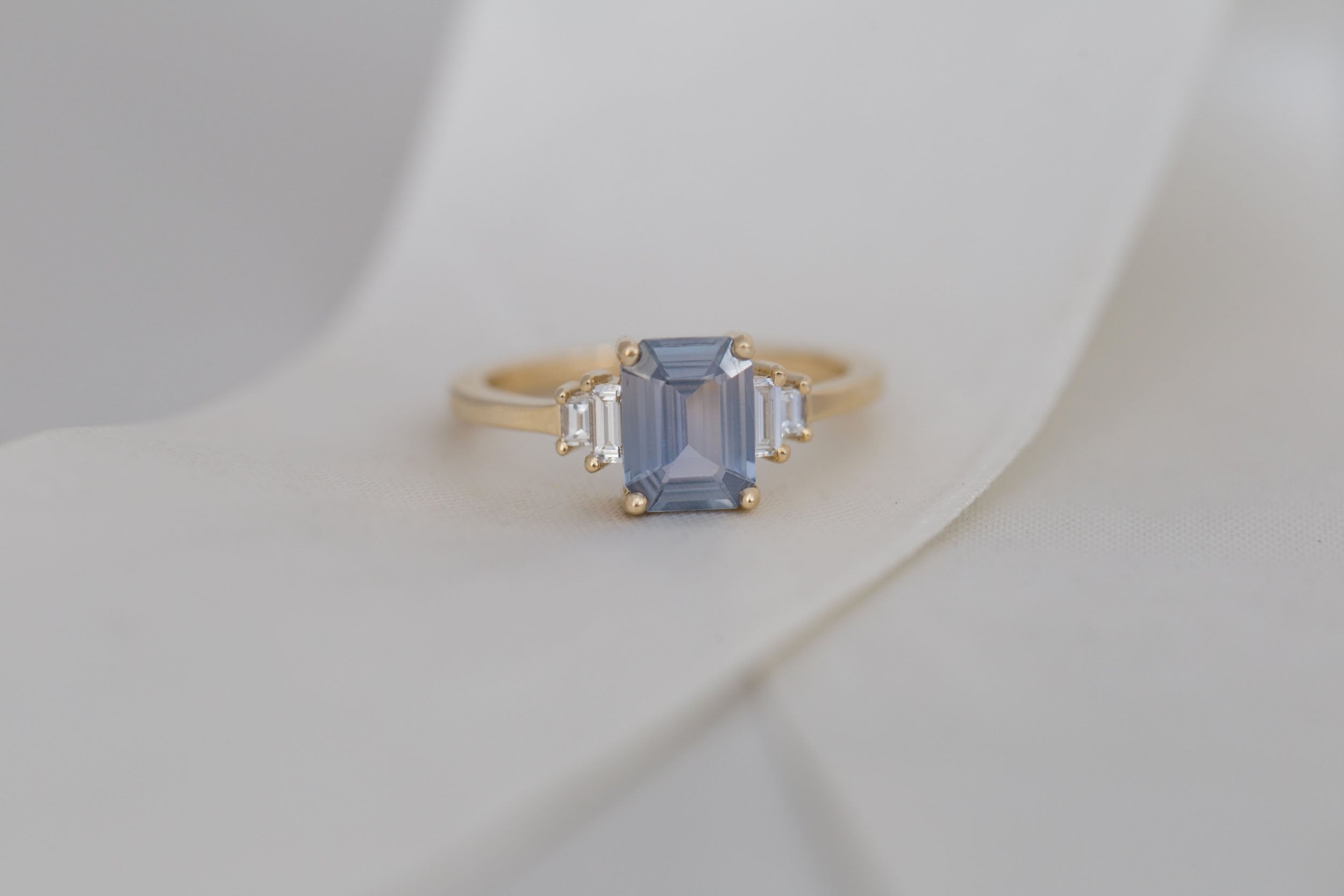 Ash Ring | Lavender Grey Emerald Cut Sapphire + Diamond Baguette Engagement Ring 1.39 ct | 14k Recycled Gold | One of a Kind