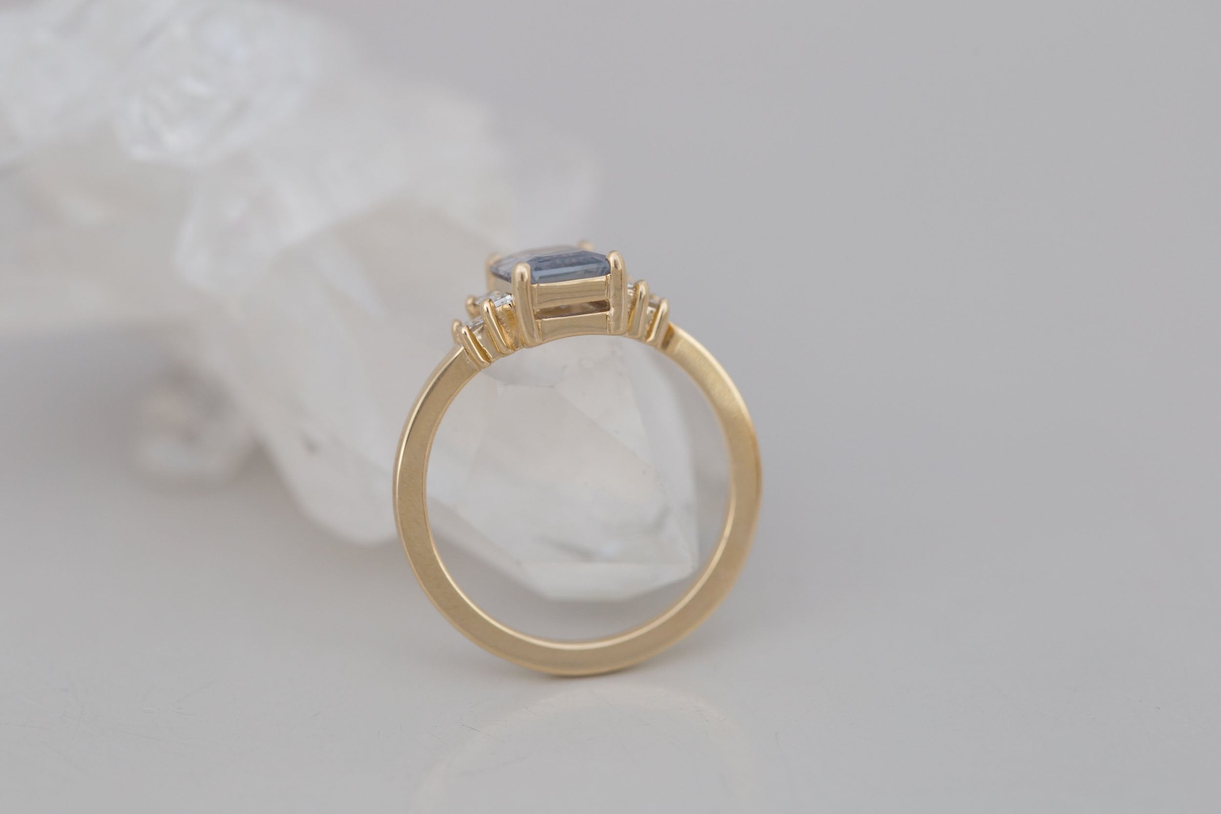 Ash Ring | Lavender Grey Emerald Cut Sapphire + Diamond Baguette Engagement Ring 1.39 ct | 14k Recycled Gold | One of a Kind