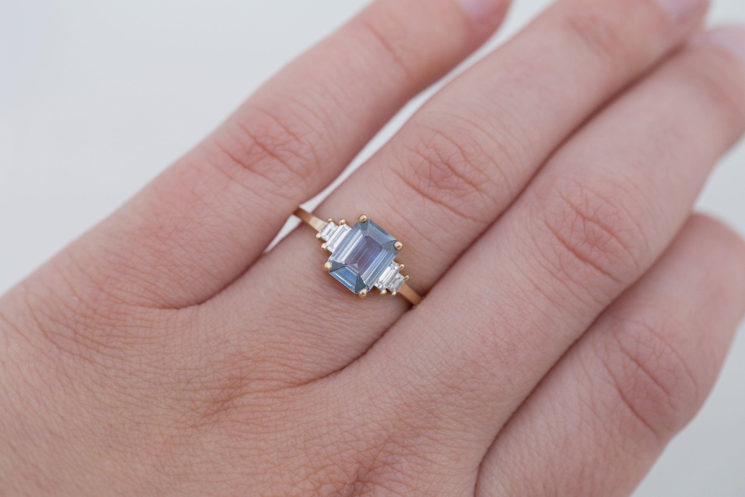 Ash Ring | Lavender Grey Emerald Cut Sapphire + Diamond Baguette Engagement Ring 1.39 ct | 14k Recycled Gold | One of a Kind
