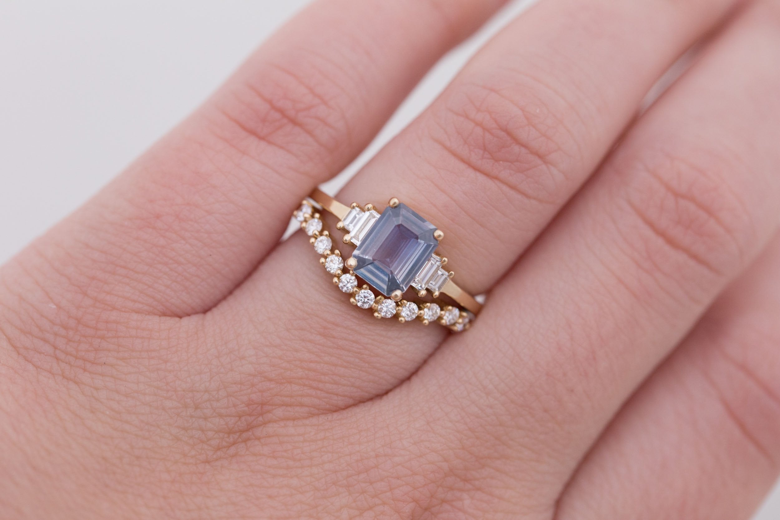 Ash Ring | Lavender Grey Emerald Cut Sapphire + Diamond Baguette Engagement Ring 1.39 ct | 14k Recycled Gold | One of a Kind