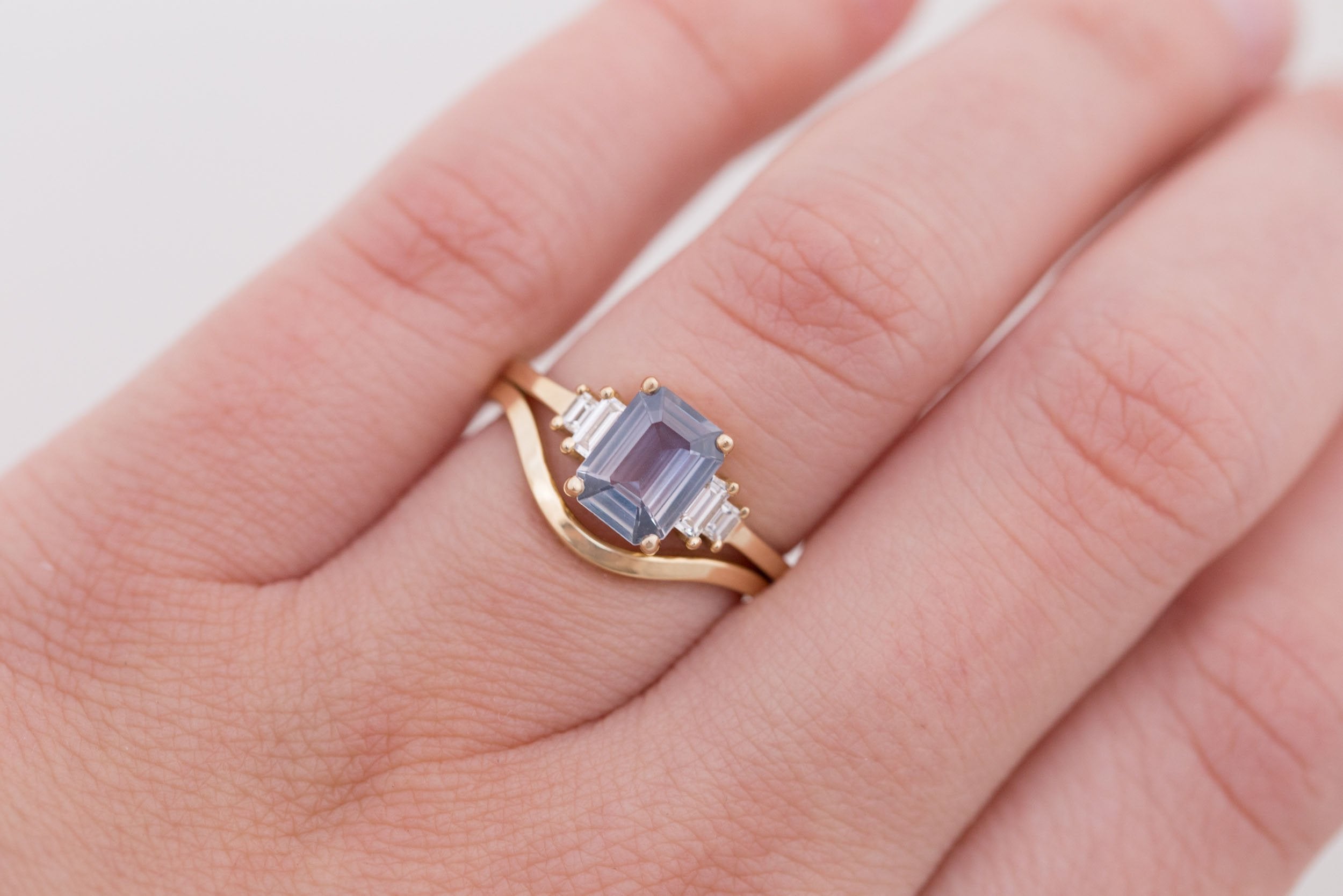 Ash Ring | Lavender Grey Emerald Cut Sapphire + Diamond Baguette Engagement Ring 1.39 ct | 14k Recycled Gold | One of a Kind