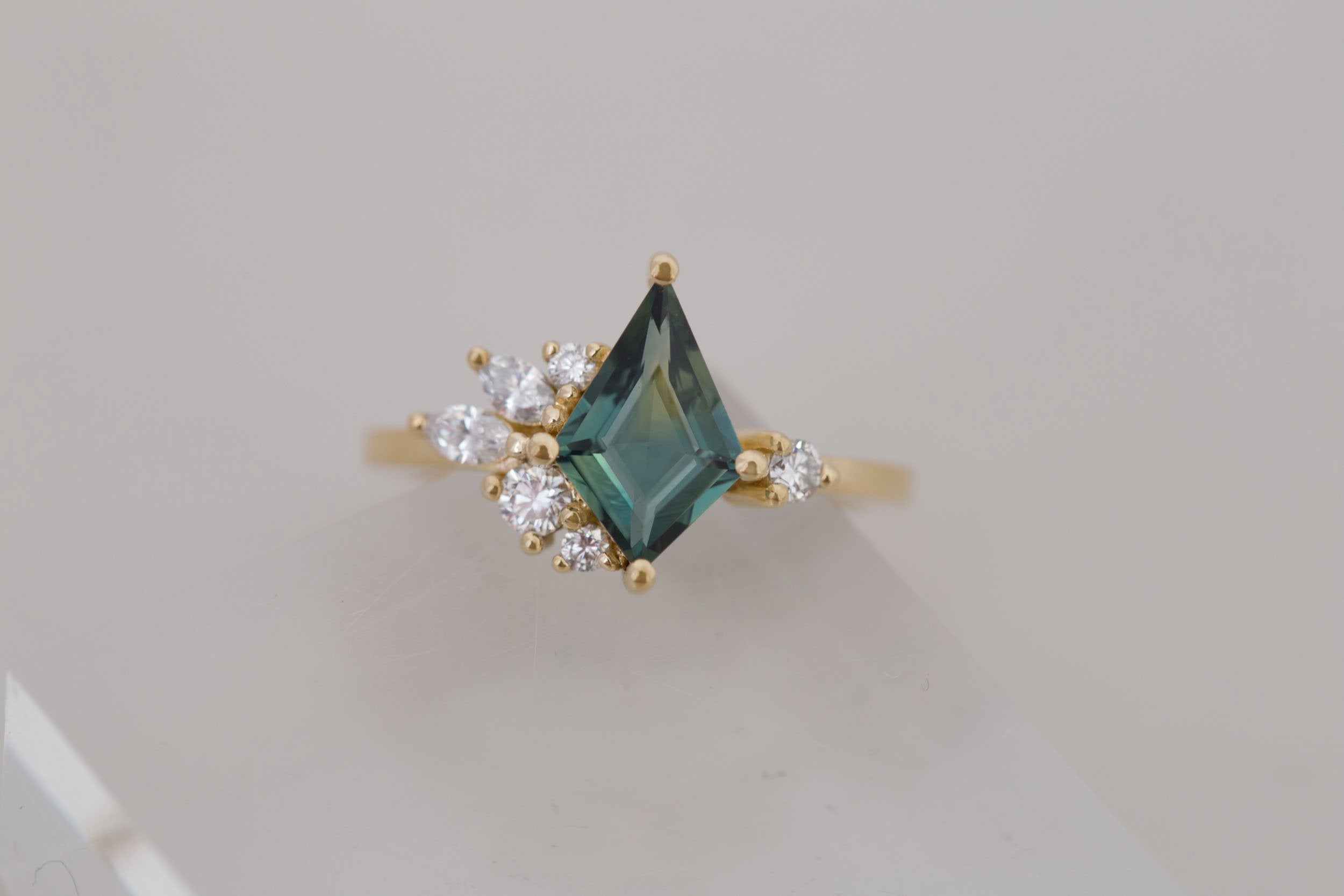 Alden Ring | Teal Sapphire Kite + Diamond Cluster Engagement Ring 1.40 ct | 14k Recycled Gold | One of a Kind