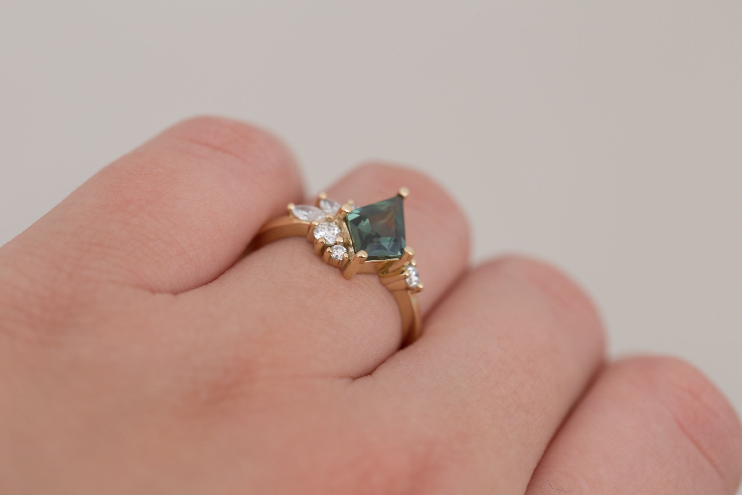 Alden Ring | Teal Sapphire Kite + Diamond Cluster Engagement Ring 1.40 ct | 14k Recycled Gold | One of a Kind