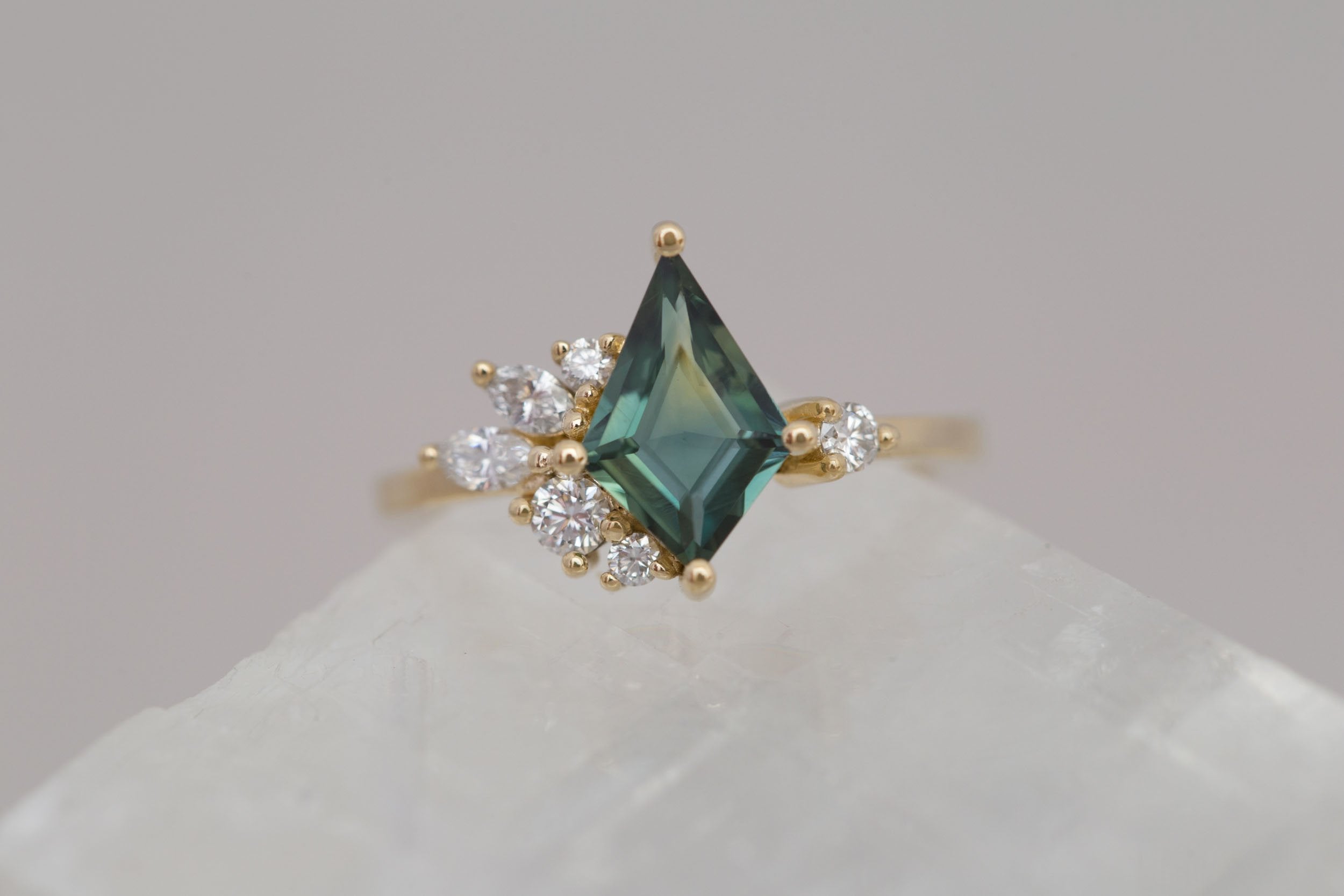 Alden Ring | Teal Sapphire Kite + Diamond Cluster Engagement Ring 1.40 ct | 14k Recycled Gold | One of a Kind