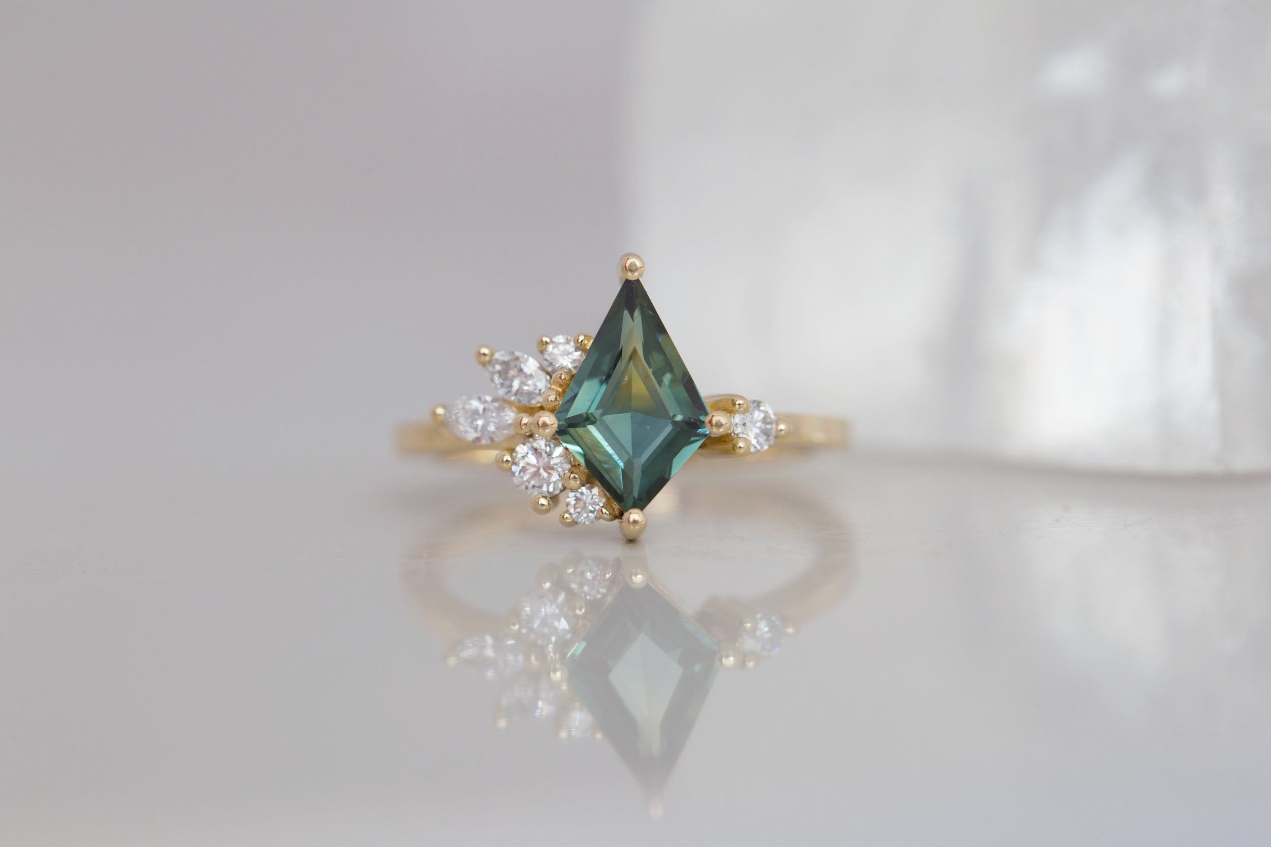 Alden Ring | Teal Sapphire Kite + Diamond Cluster Engagement Ring 1.40 ct | 14k Recycled Gold | One of a Kind