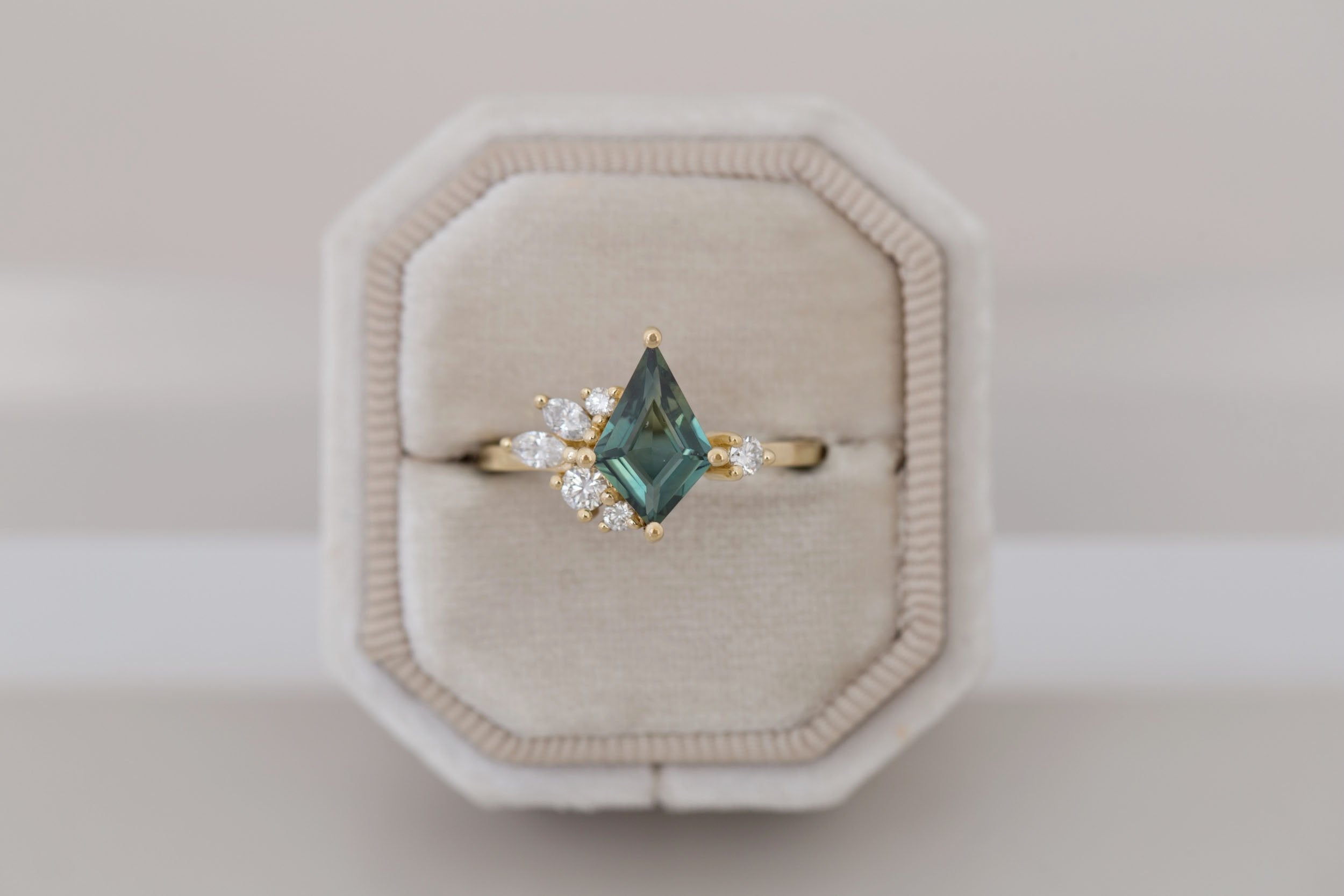 Alden Ring | Teal Sapphire Kite + Diamond Cluster Engagement Ring 1.40 ct | 14k Recycled Gold | One of a Kind
