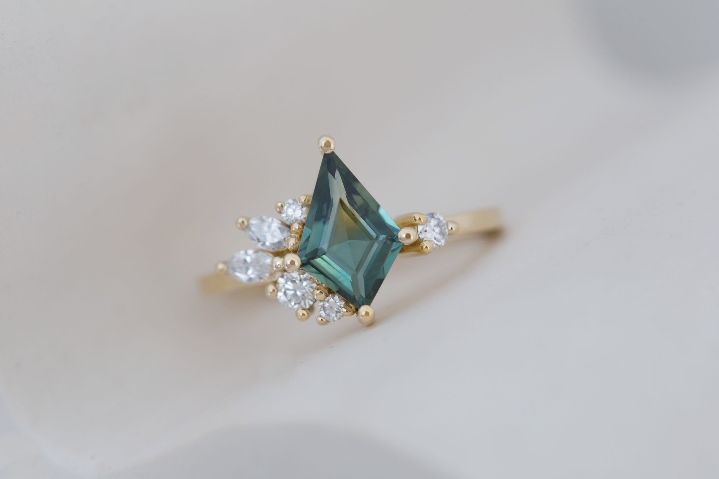Alden Ring | Teal Sapphire Kite + Diamond Cluster Engagement Ring 1.40 ct | 14k Recycled Gold | One of a Kind