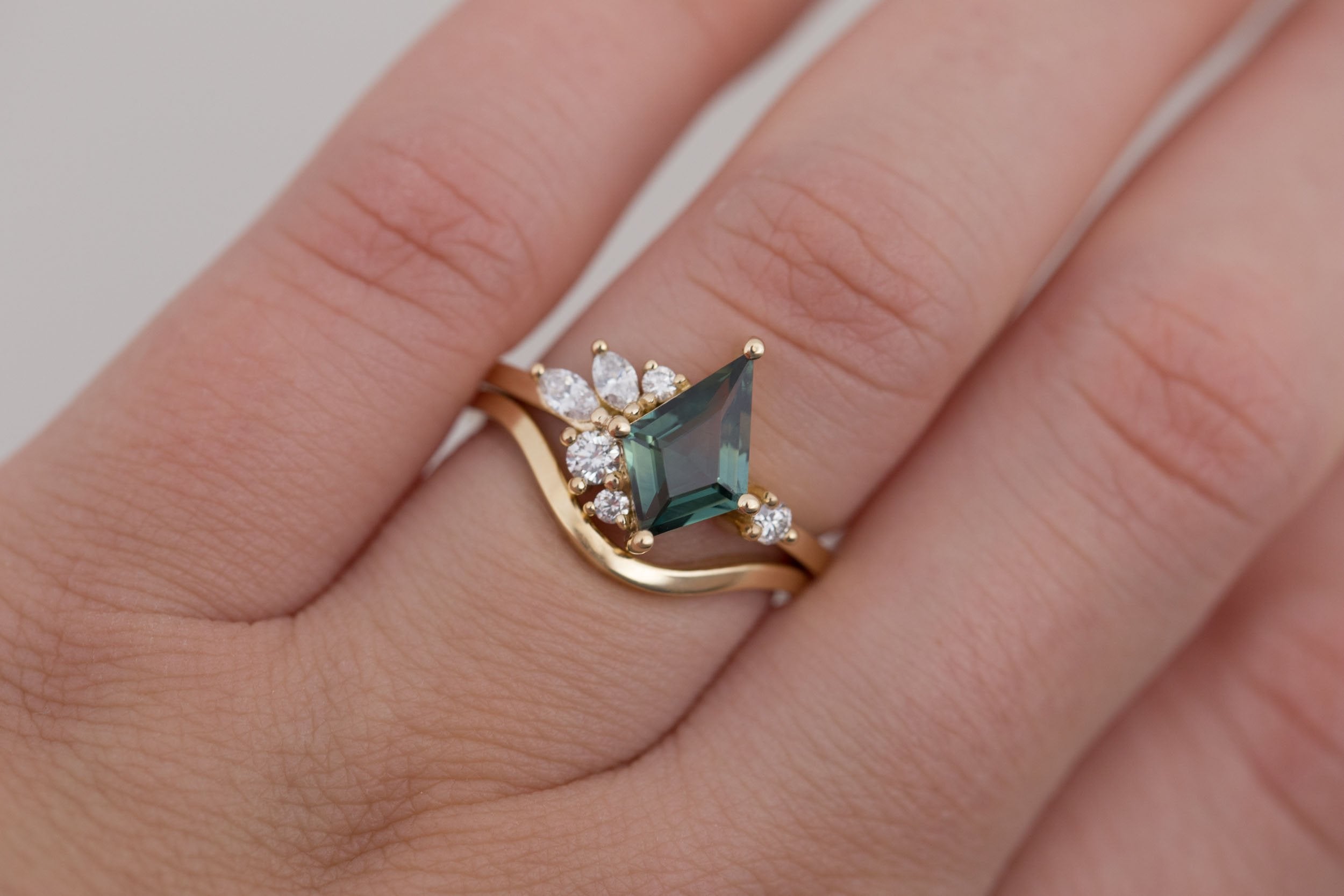 Alden Ring | Teal Sapphire Kite + Diamond Cluster Engagement Ring 1.40 ct | 14k Recycled Gold | One of a Kind