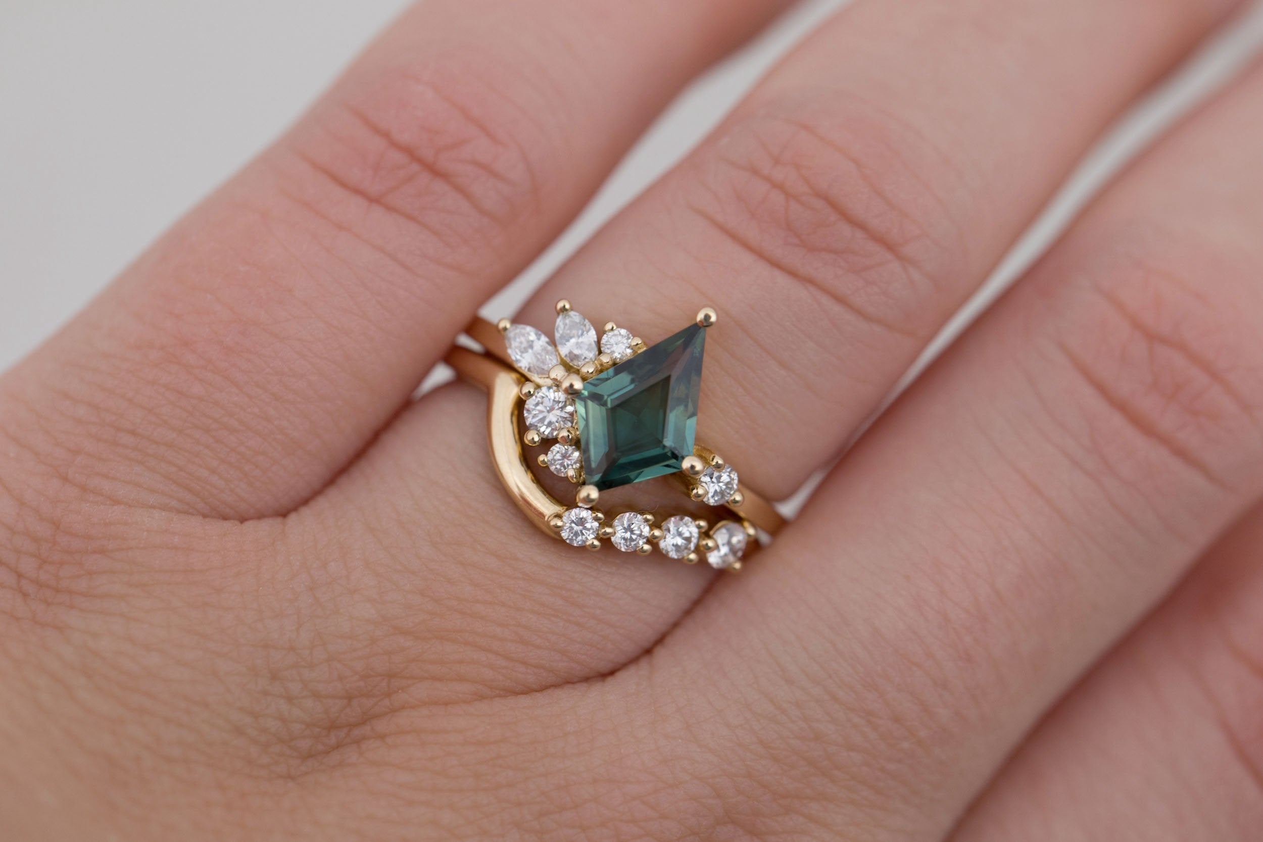 Alden Ring | Teal Sapphire Kite + Diamond Cluster Engagement Ring 1.40 ct | 14k Recycled Gold | One of a Kind