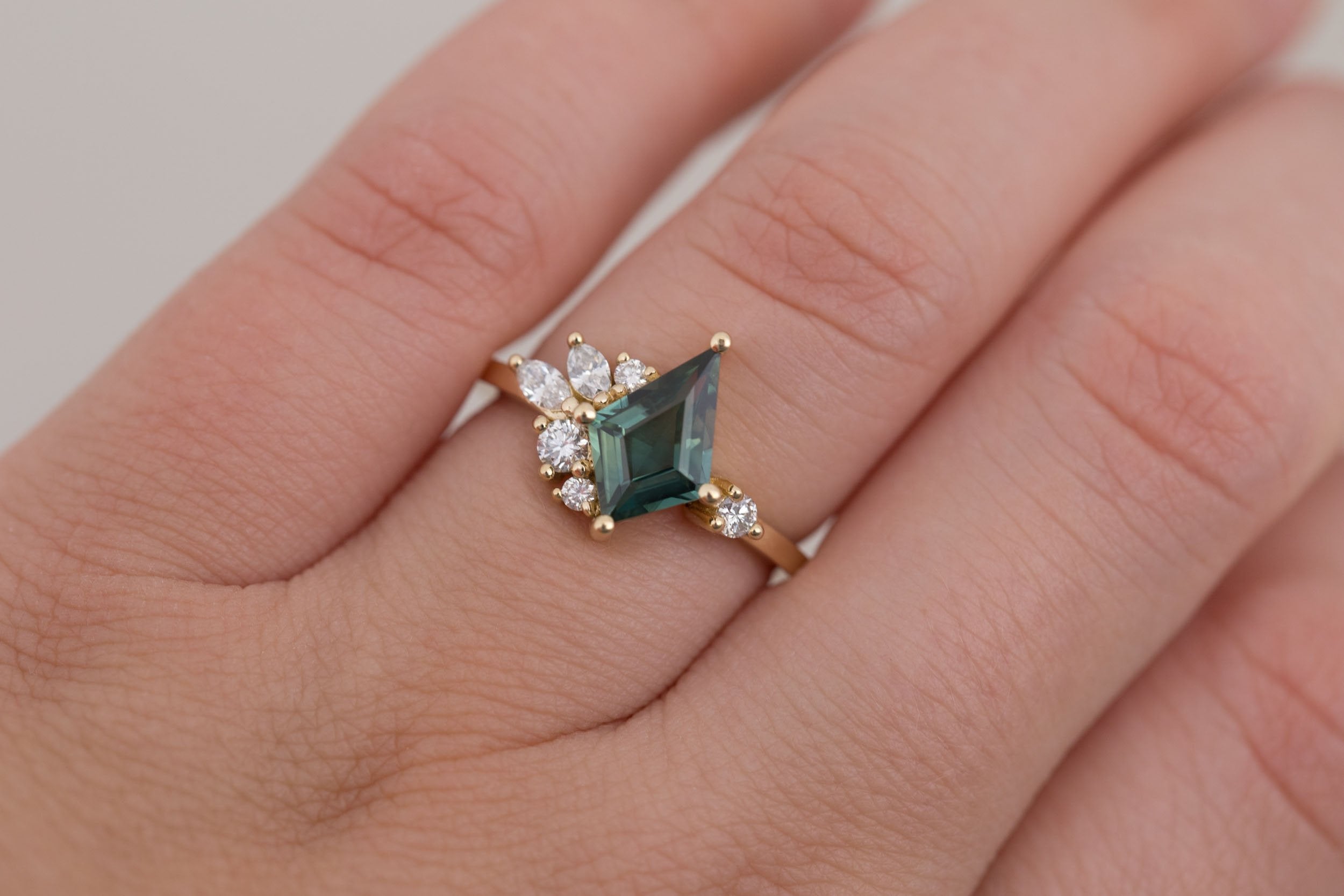 Alden Ring | Teal Sapphire Kite + Diamond Cluster Engagement Ring 1.40 ct | 14k Recycled Gold | One of a Kind