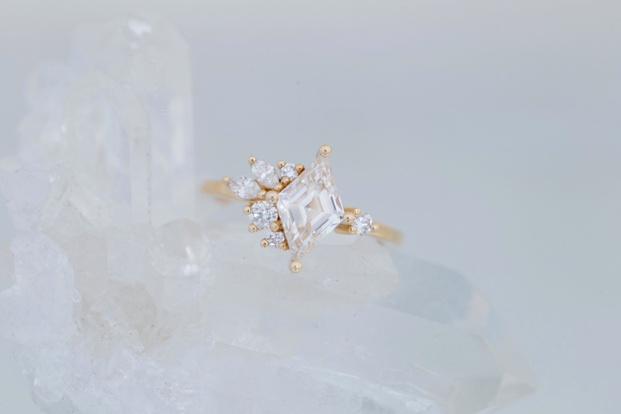 Alden Ring | Lab Diamond Rhombus + Diamond Cluster Engagement Ring 1.40 ct | 14k Recycled Gold | One of a Kind