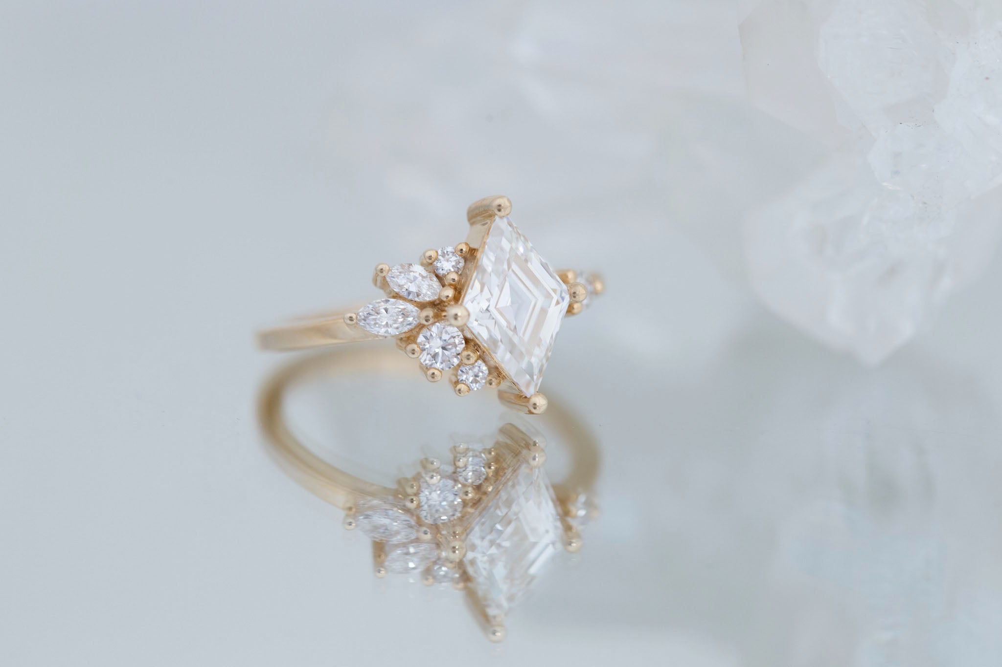 Alden Ring | Lab Diamond Rhombus + Diamond Cluster Engagement Ring 1.40 ct | 14k Recycled Gold | One of a Kind