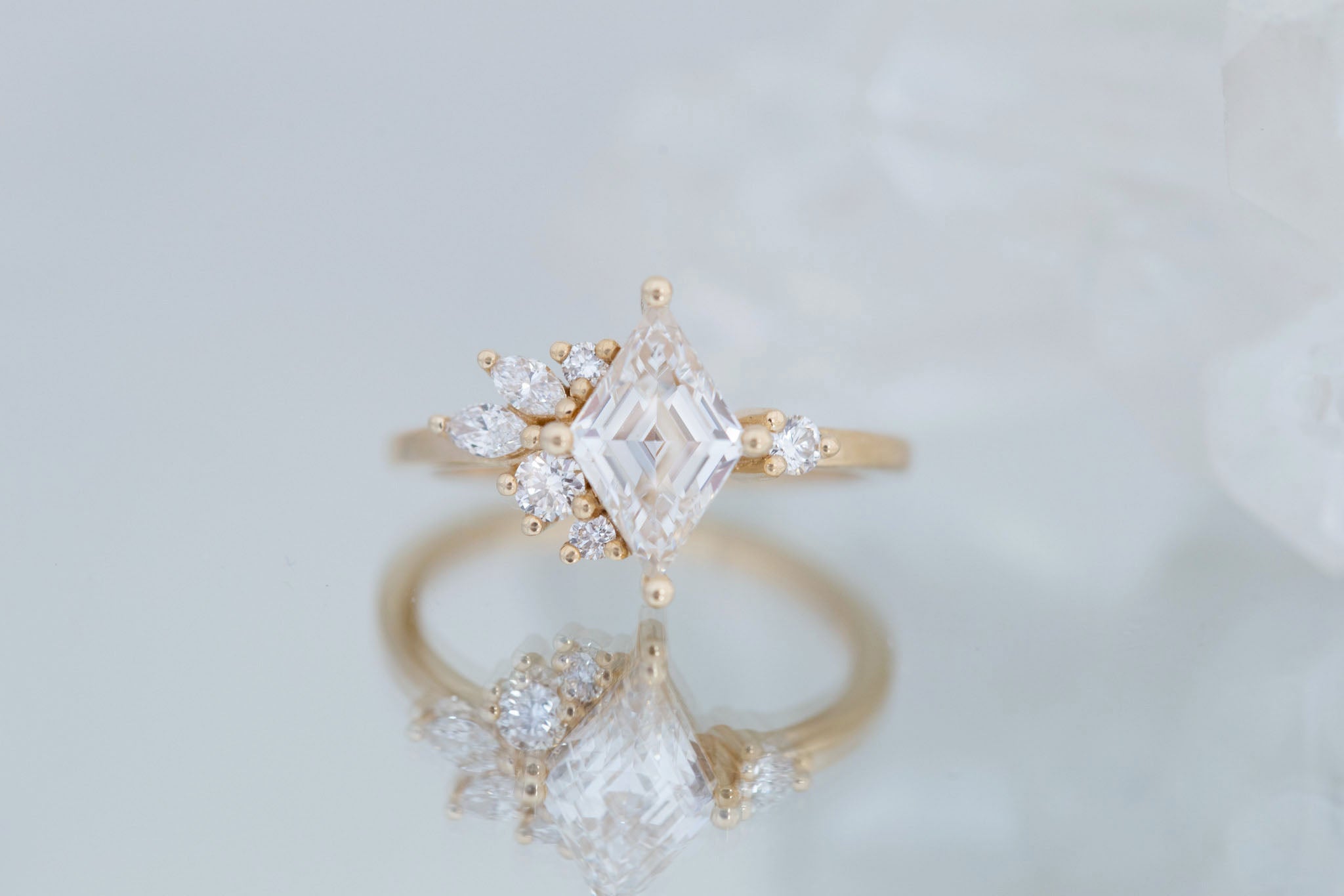 Alden Ring | Lab Diamond Rhombus + Diamond Cluster Engagement Ring 1.40 ct | 14k Recycled Gold | One of a Kind