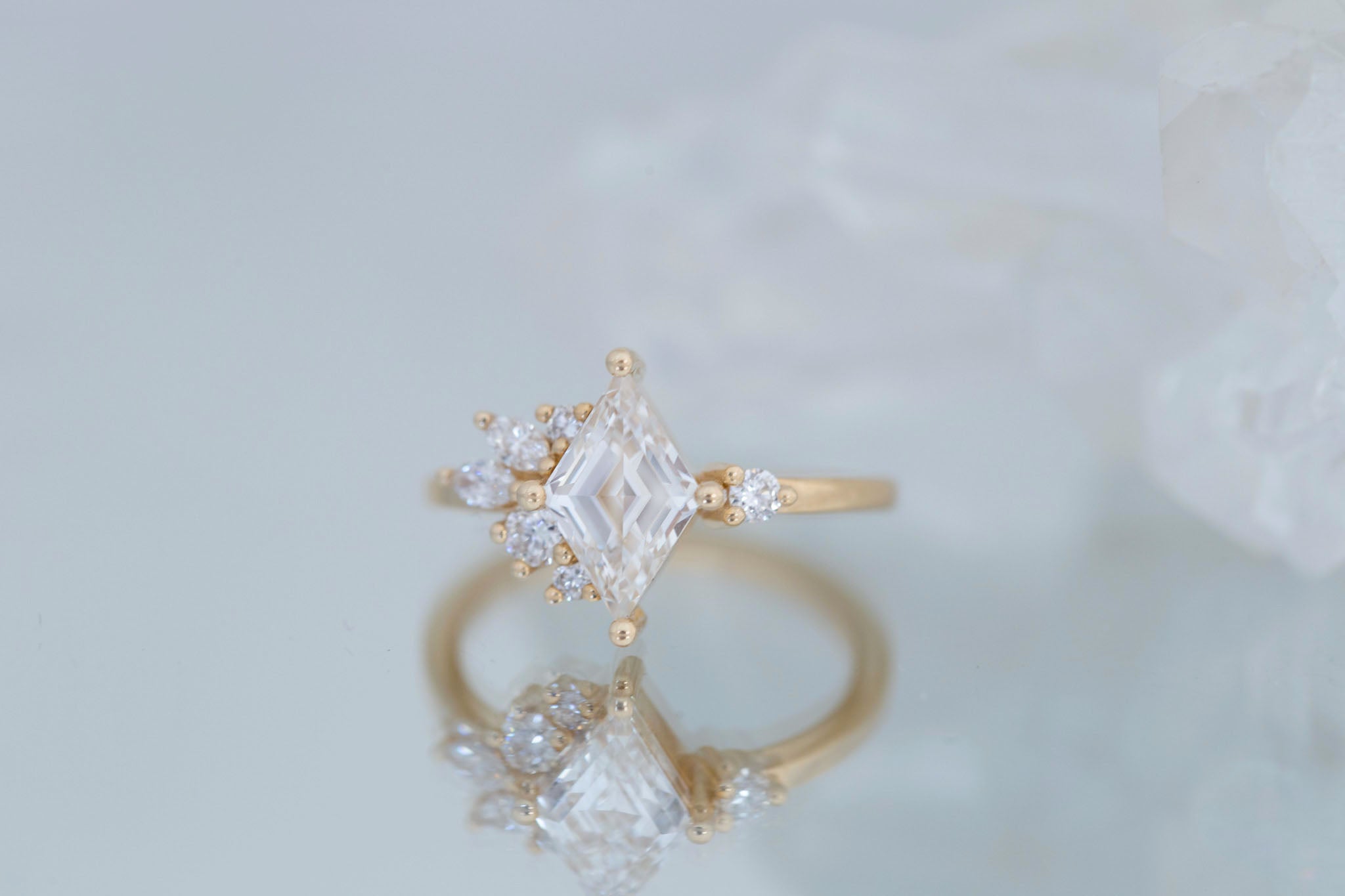 Alden Ring | Lab Diamond Rhombus + Diamond Cluster Engagement Ring 1.40 ct | 14k Recycled Gold | One of a Kind