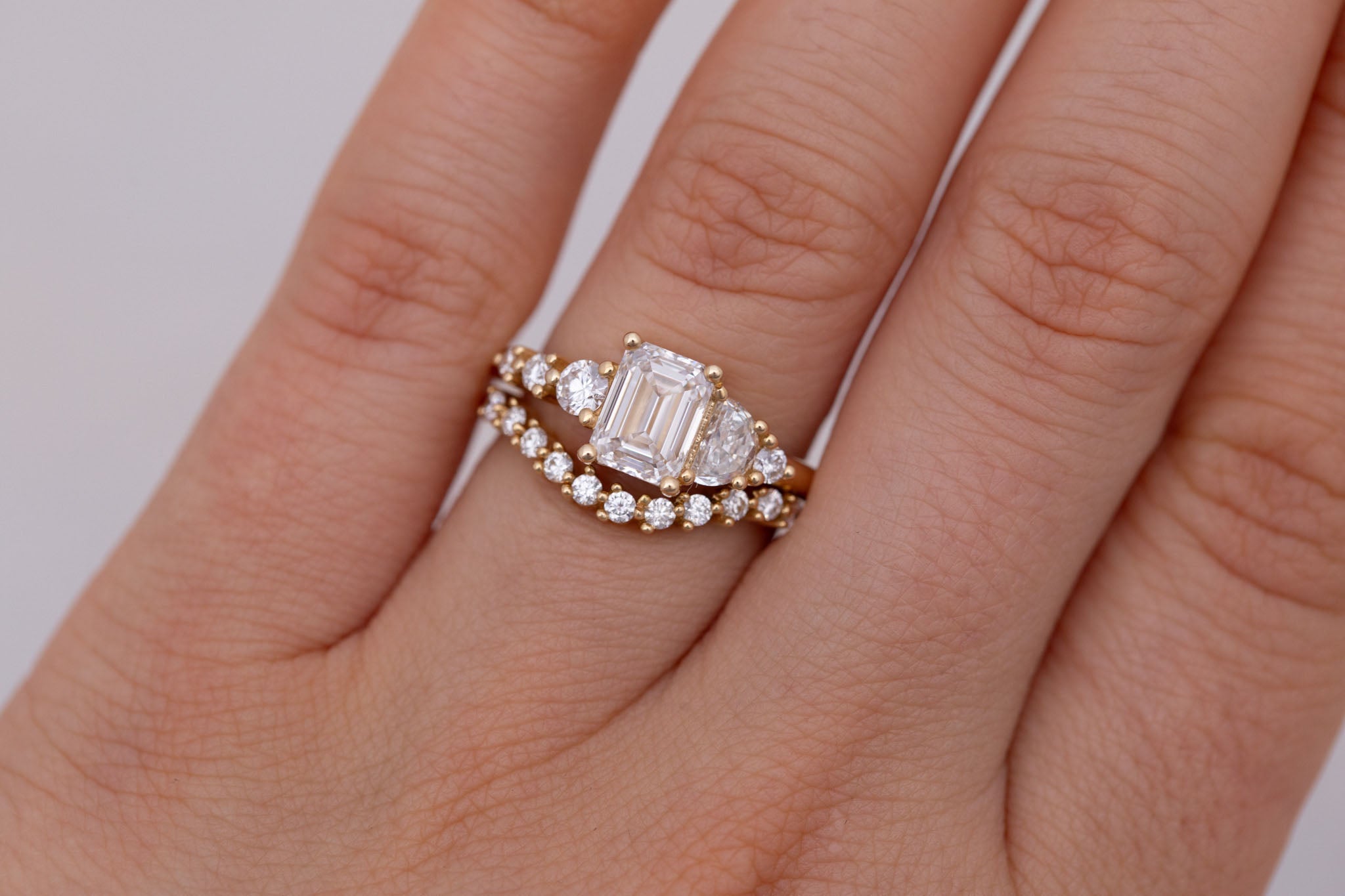 Sarine Ring | Lab Emerald Cut + Half Moon Diamond + Diamond Cluster Engagement Ring 1.41 ct | 14k Recycled Gold | One of a Kind