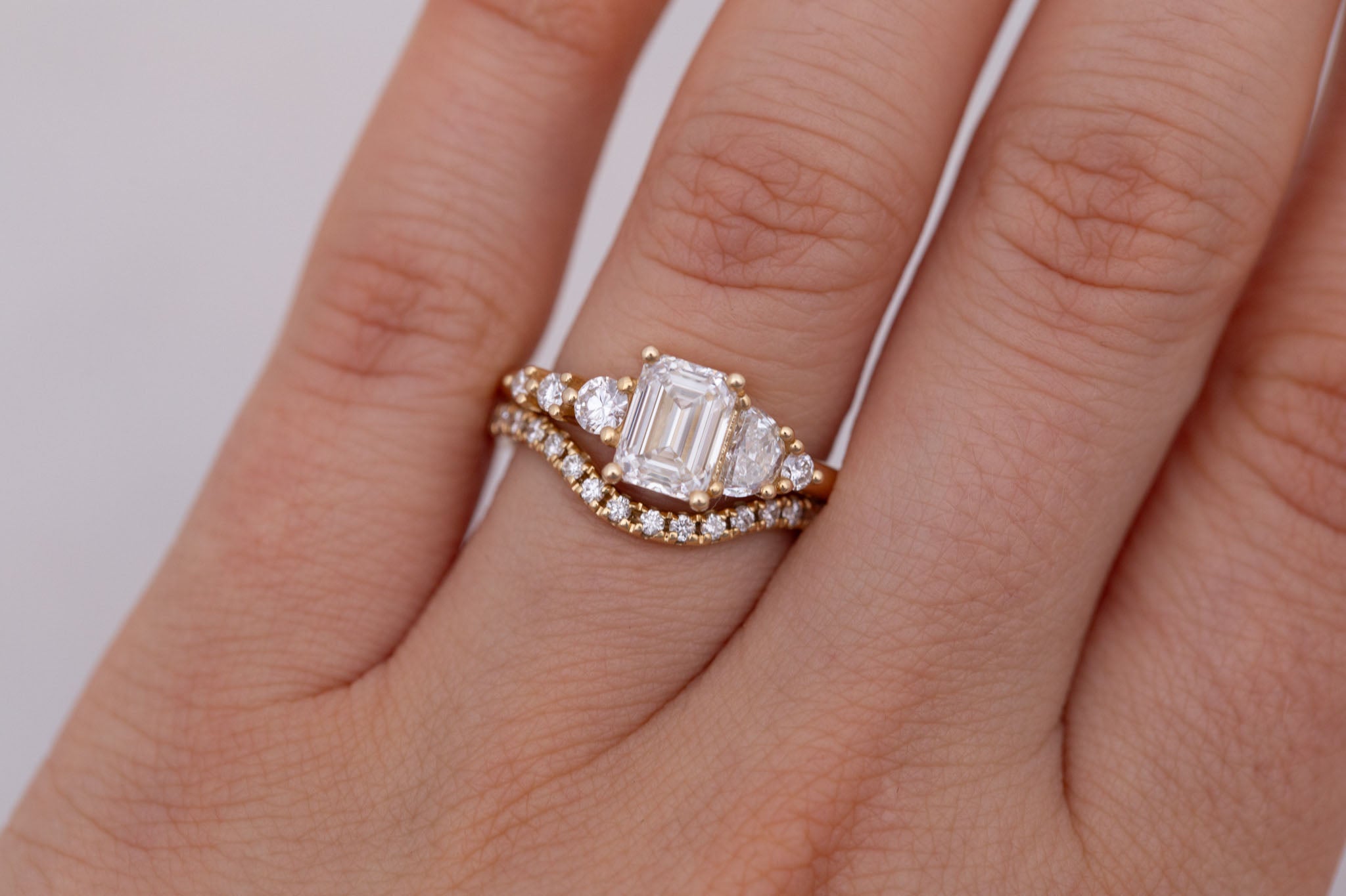 Sarine Ring | Lab Emerald Cut + Half Moon Diamond + Diamond Cluster Engagement Ring 1.41 ct | 14k Recycled Gold | One of a Kind
