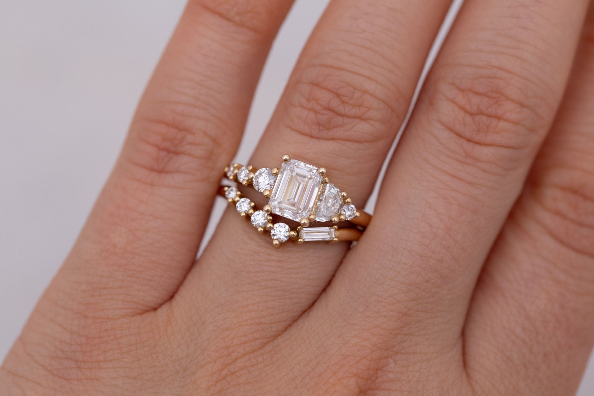 Sarine Ring | Lab Emerald Cut + Half Moon Diamond + Diamond Cluster Engagement Ring 1.41 ct | 14k Recycled Gold | One of a Kind