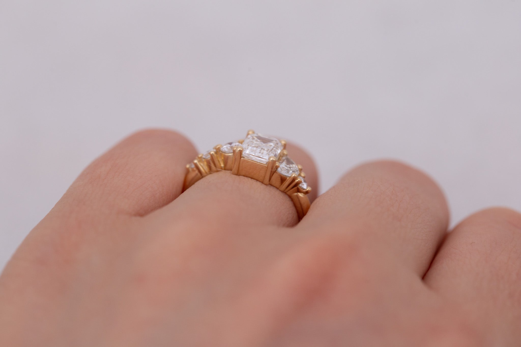 Sarine Ring | Lab Emerald Cut + Half Moon Diamond + Diamond Cluster Engagement Ring 1.41 ct | 14k Recycled Gold | One of a Kind